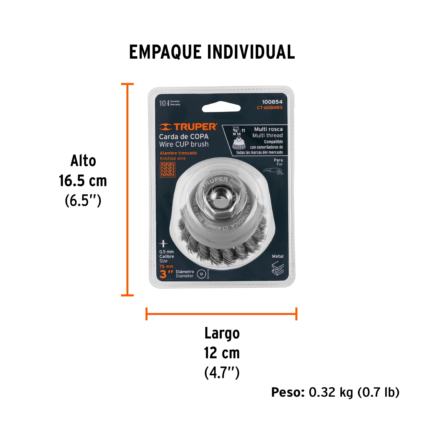 Carda copa 3" alambre trenzado grueso, Multi-rosca, TRUPER - Empaque