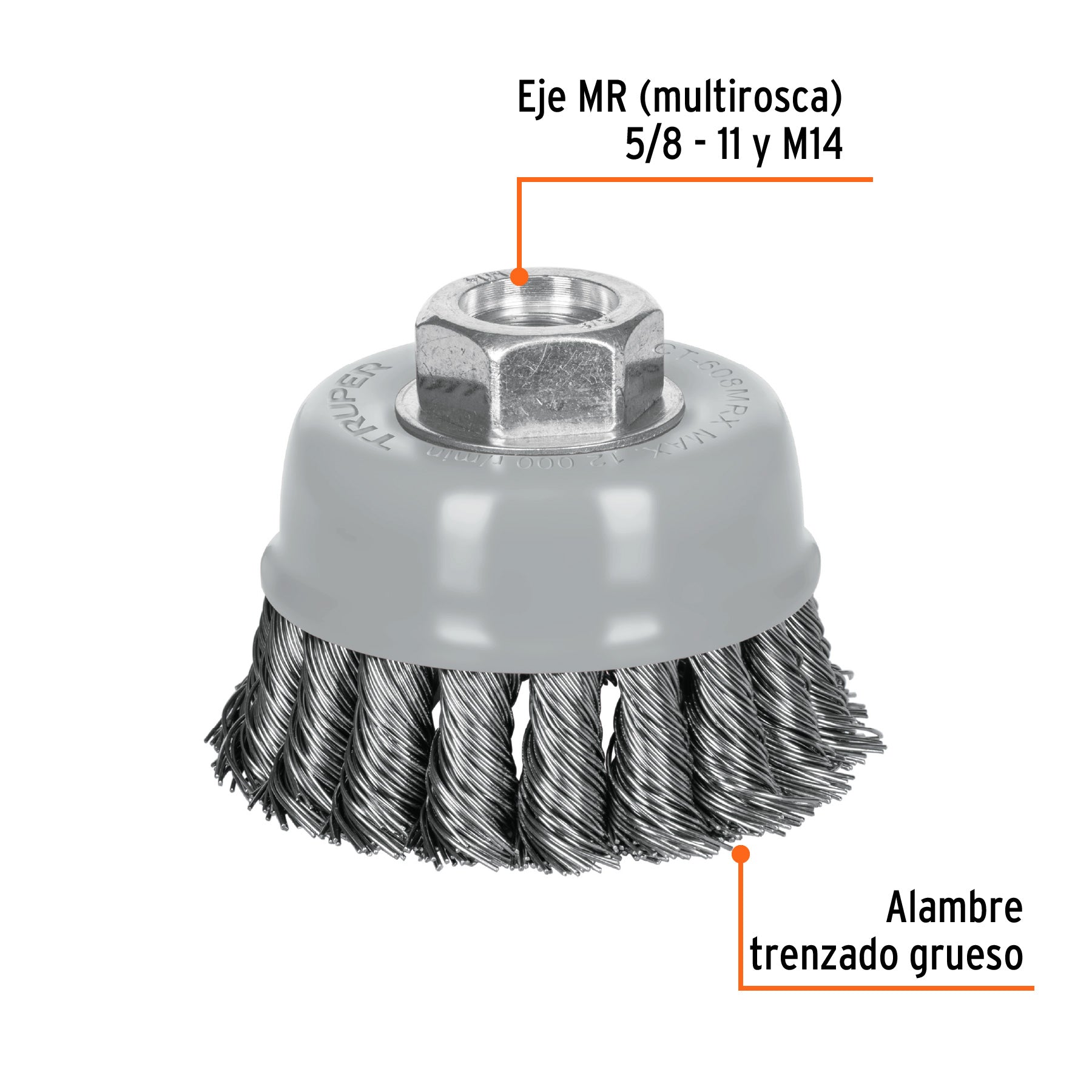 Carda copa 3" alambre trenzado grueso, Multi-rosca, TRUPER