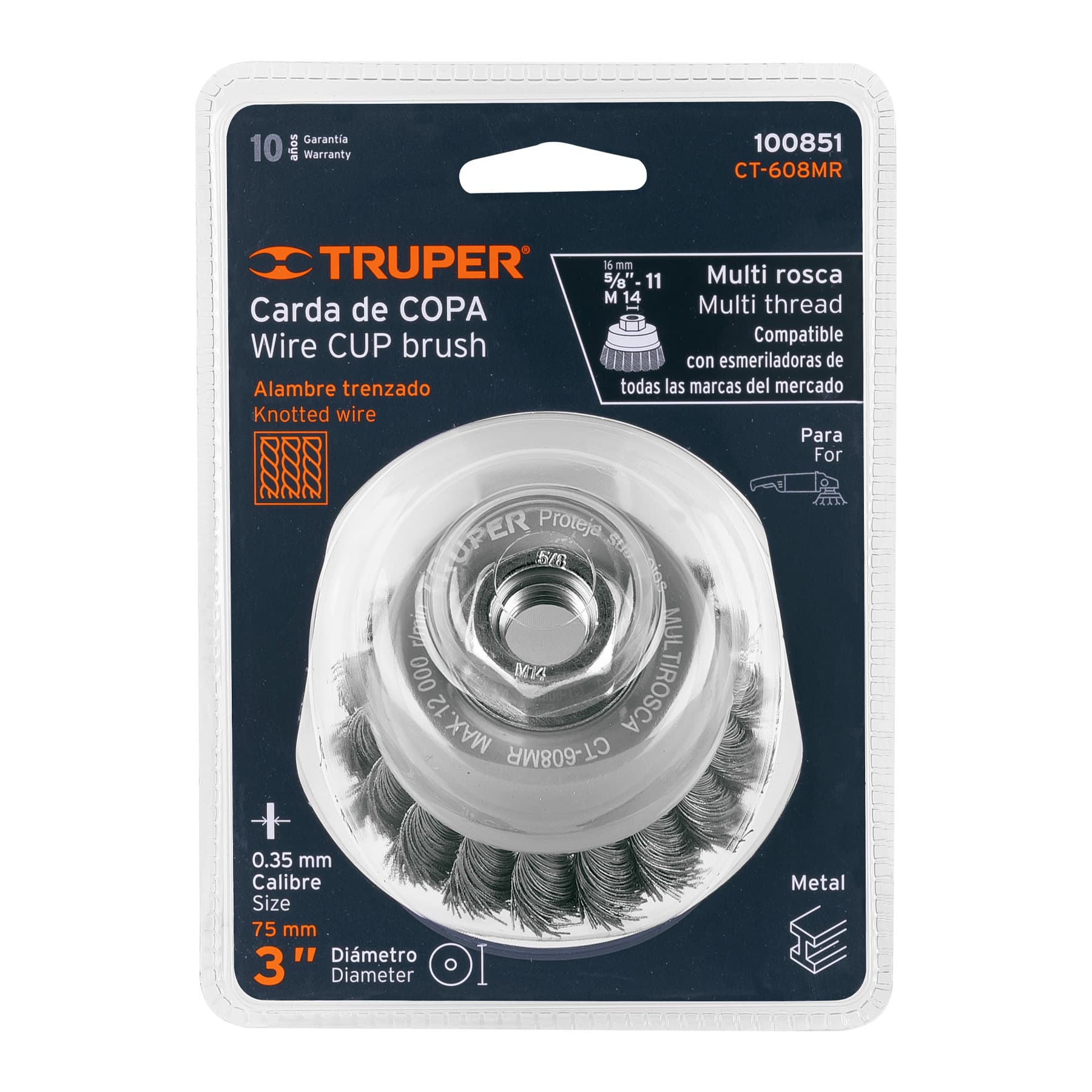 Carda copa 3" alambre trenzado fino, Multi-rosca, TRUPER