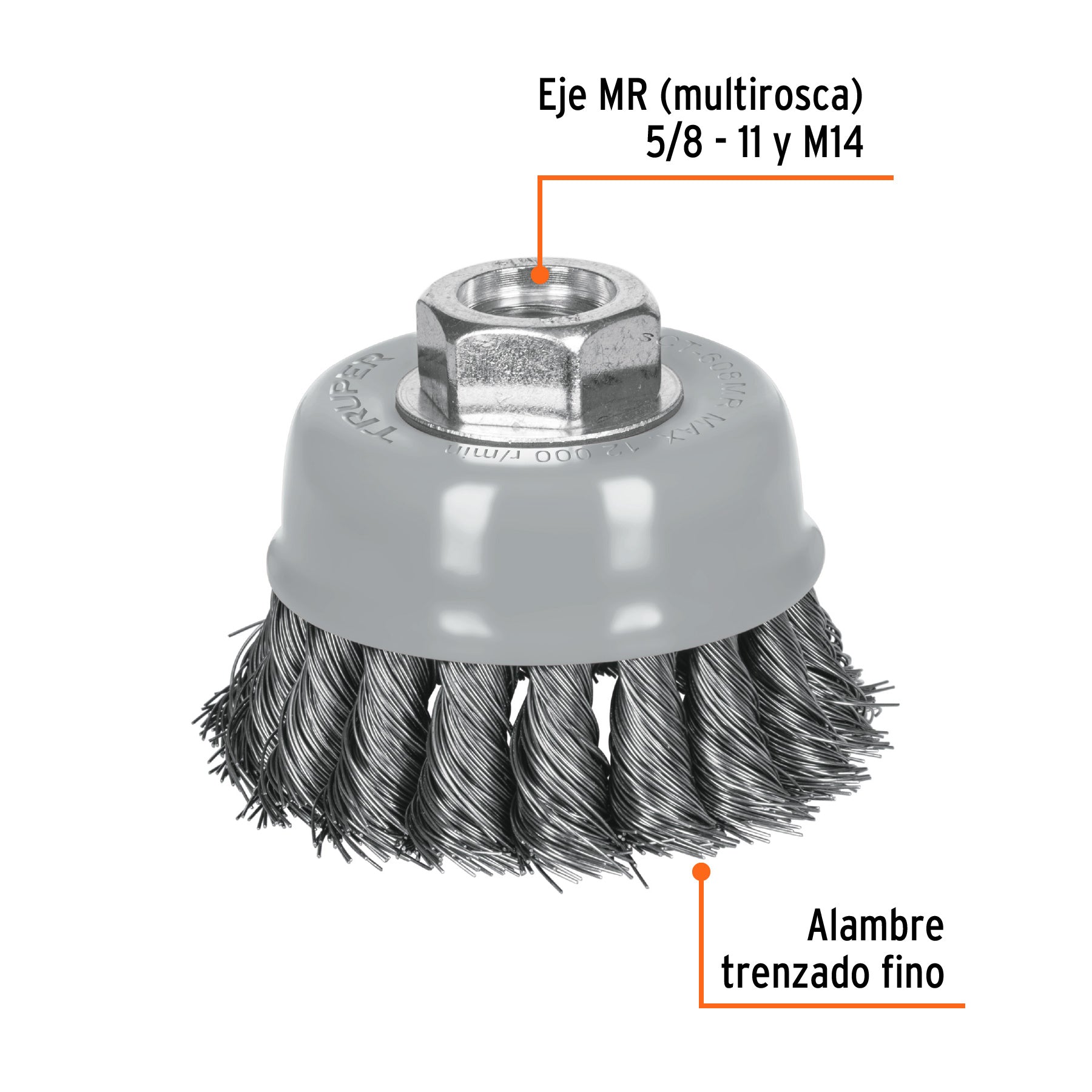 Carda copa 3" alambre trenzado fino, Multi-rosca, TRUPER