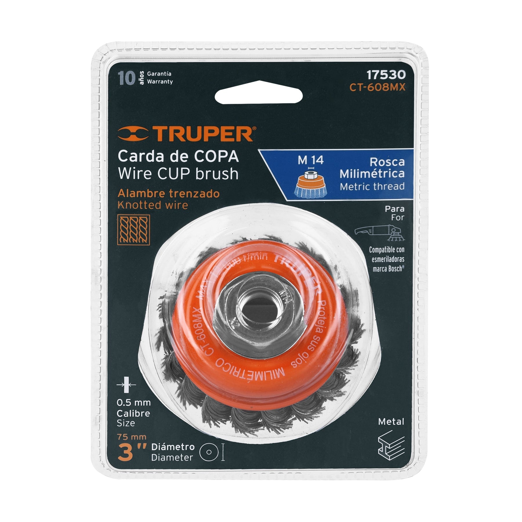 Carda copa 3" alambre trenzado grueso, eje M14, TRUPER