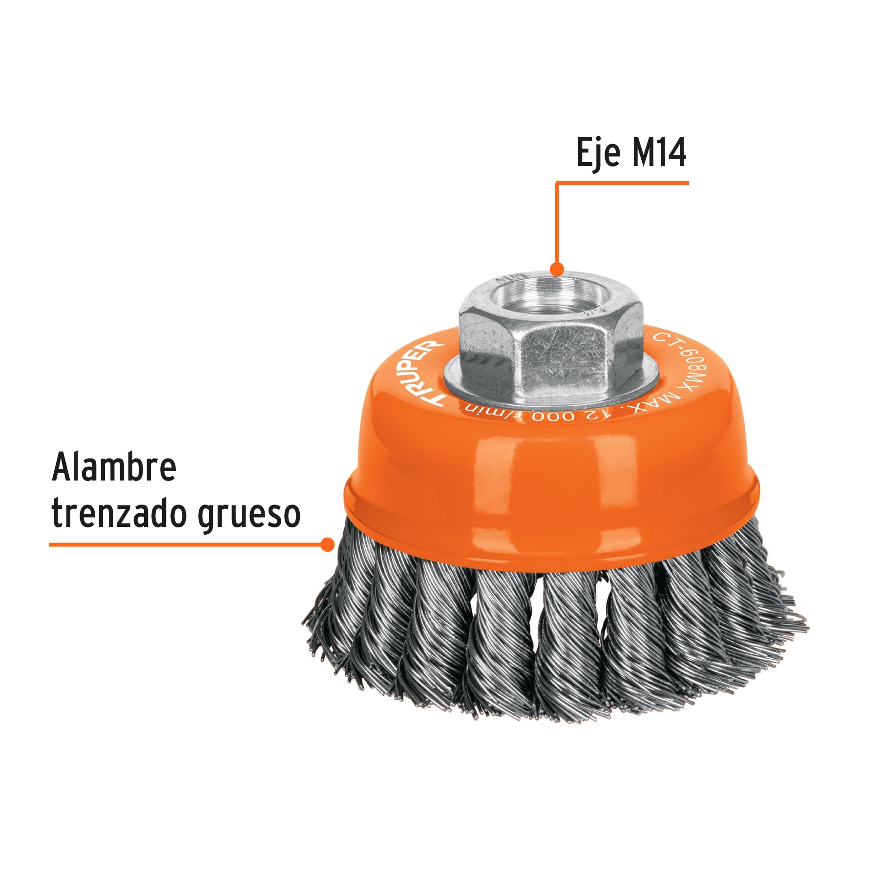 Carda copa 3" alambre trenzado grueso, eje M14, TRUPER