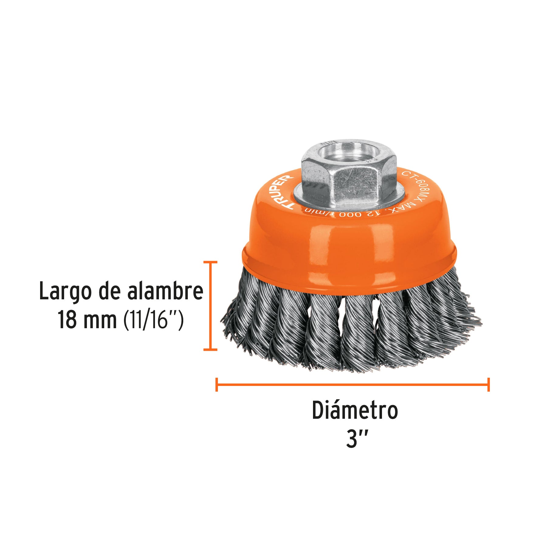 Carda copa 3" alambre trenzado grueso, eje M14, TRUPER