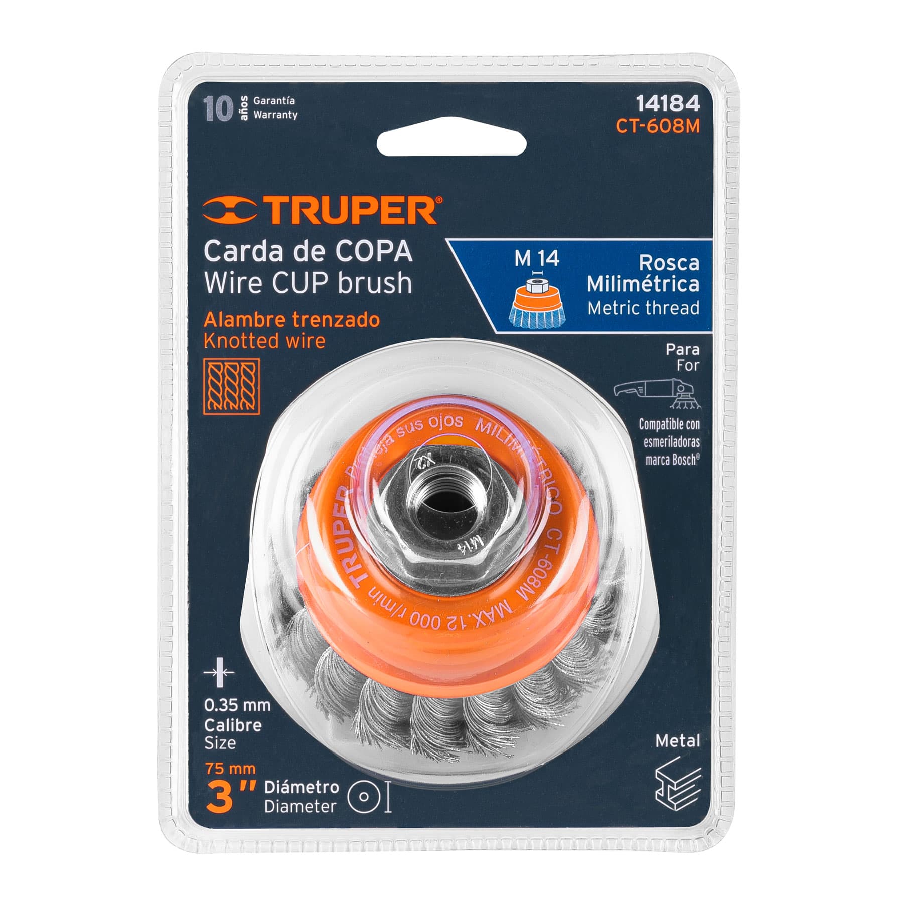 Carda copa 3" alambre trenzado fino, eje M14, TRUPER