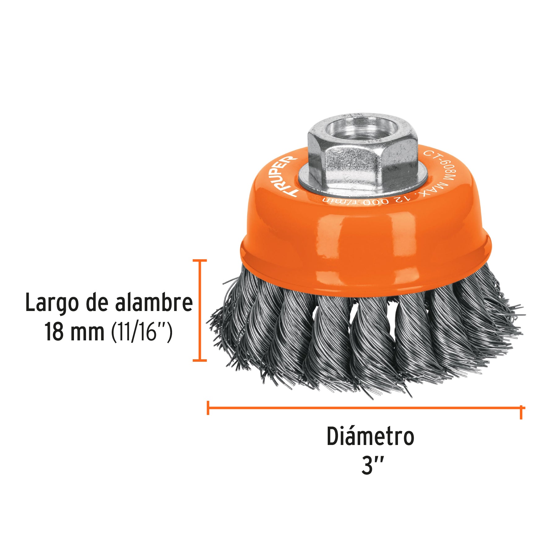 Carda copa 3" alambre trenzado fino, eje M14, TRUPER