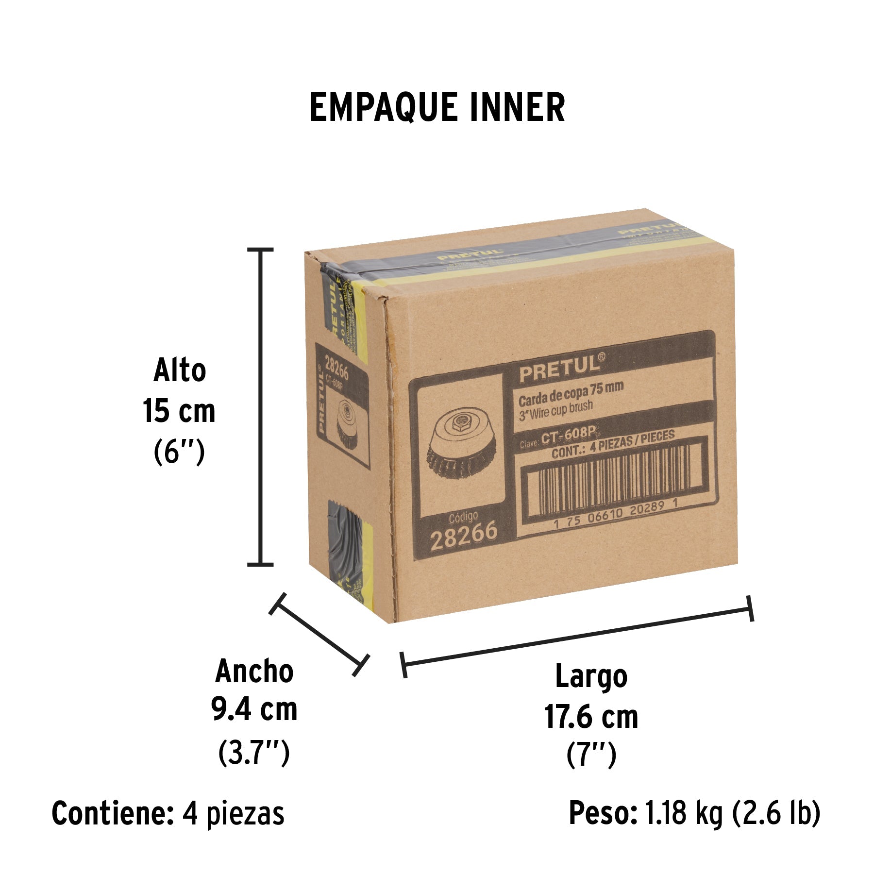 Carda copa 3" alambre trenzado fino, eje 5/8"-11, PRETUL - Empaque