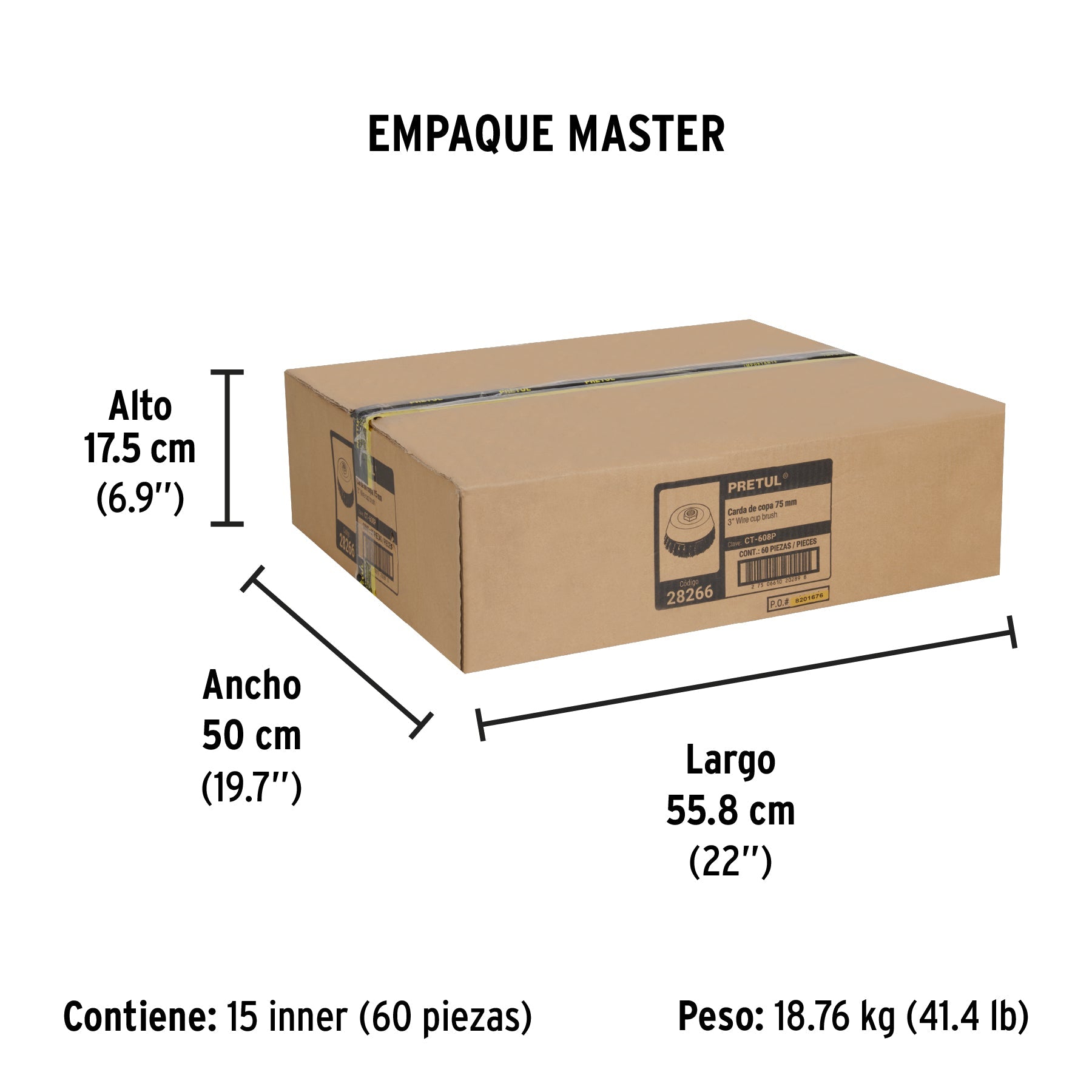 Carda copa 3" alambre trenzado fino, eje 5/8"-11, PRETUL - Empaque