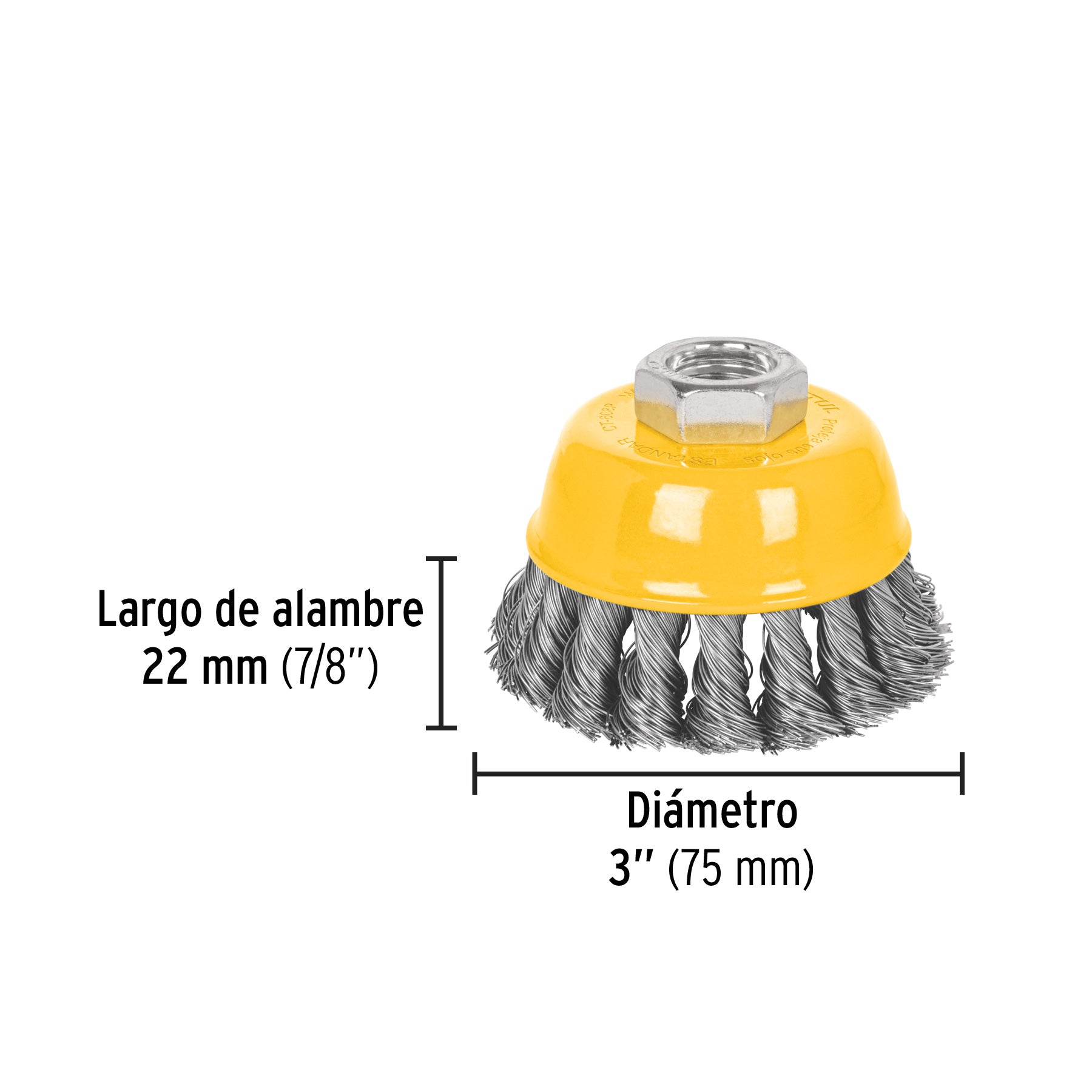 Carda copa 3" alambre trenzado fino, eje 5/8"-11, PRETUL