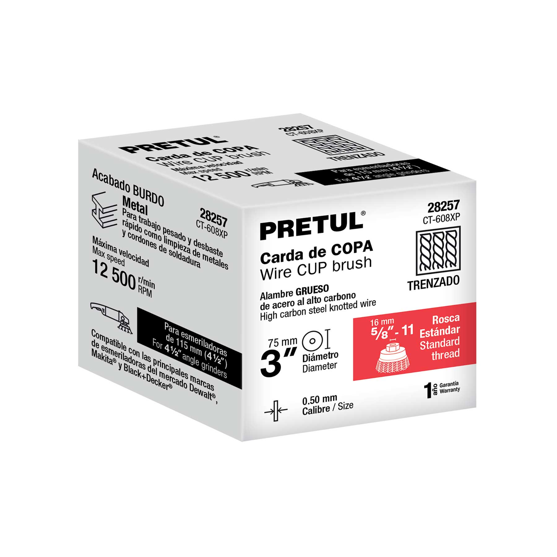 Carda copa 3" alambre trenzado grueso, eje 5/8"-11, PRETUL