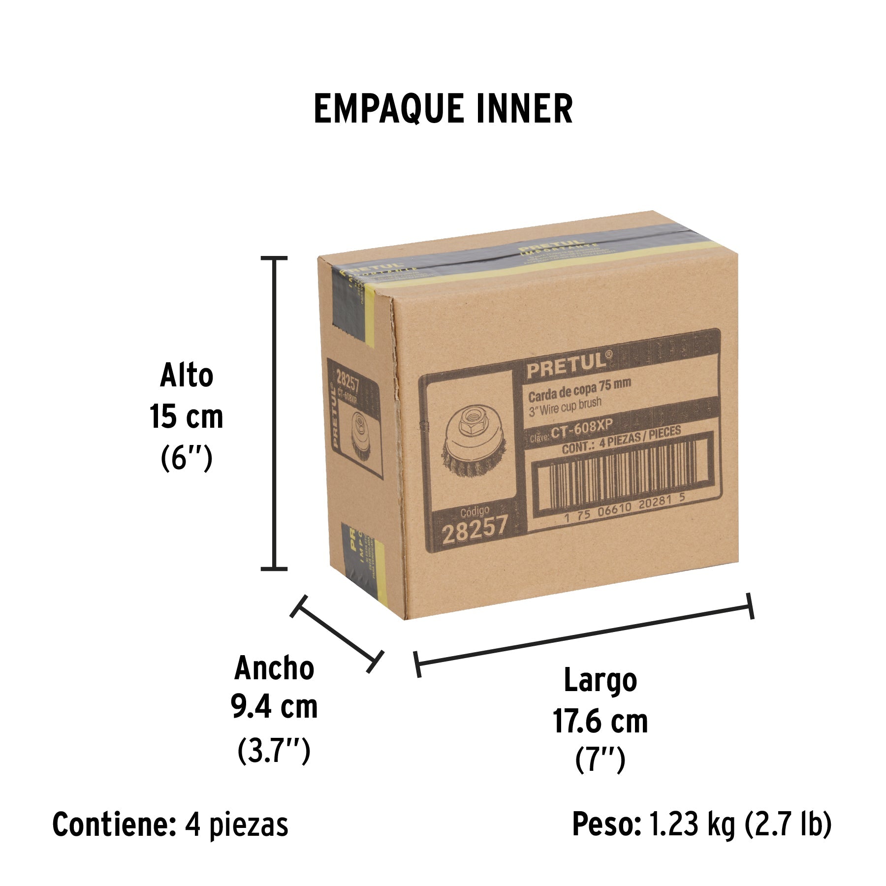Carda copa 3" alambre trenzado grueso, eje 5/8"-11, PRETUL - Empaque