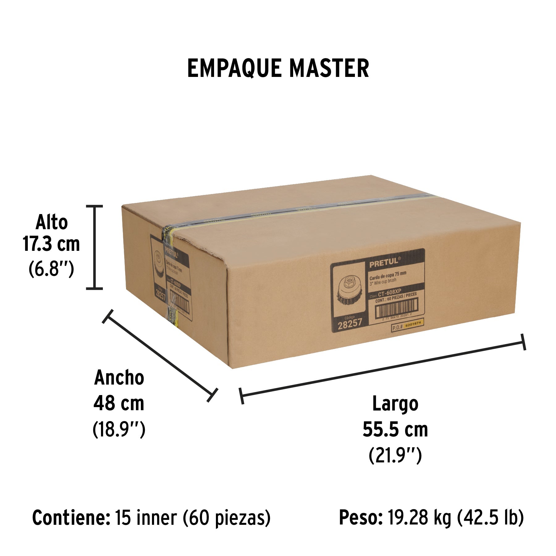 Carda copa 3" alambre trenzado grueso, eje 5/8"-11, PRETUL - Empaque