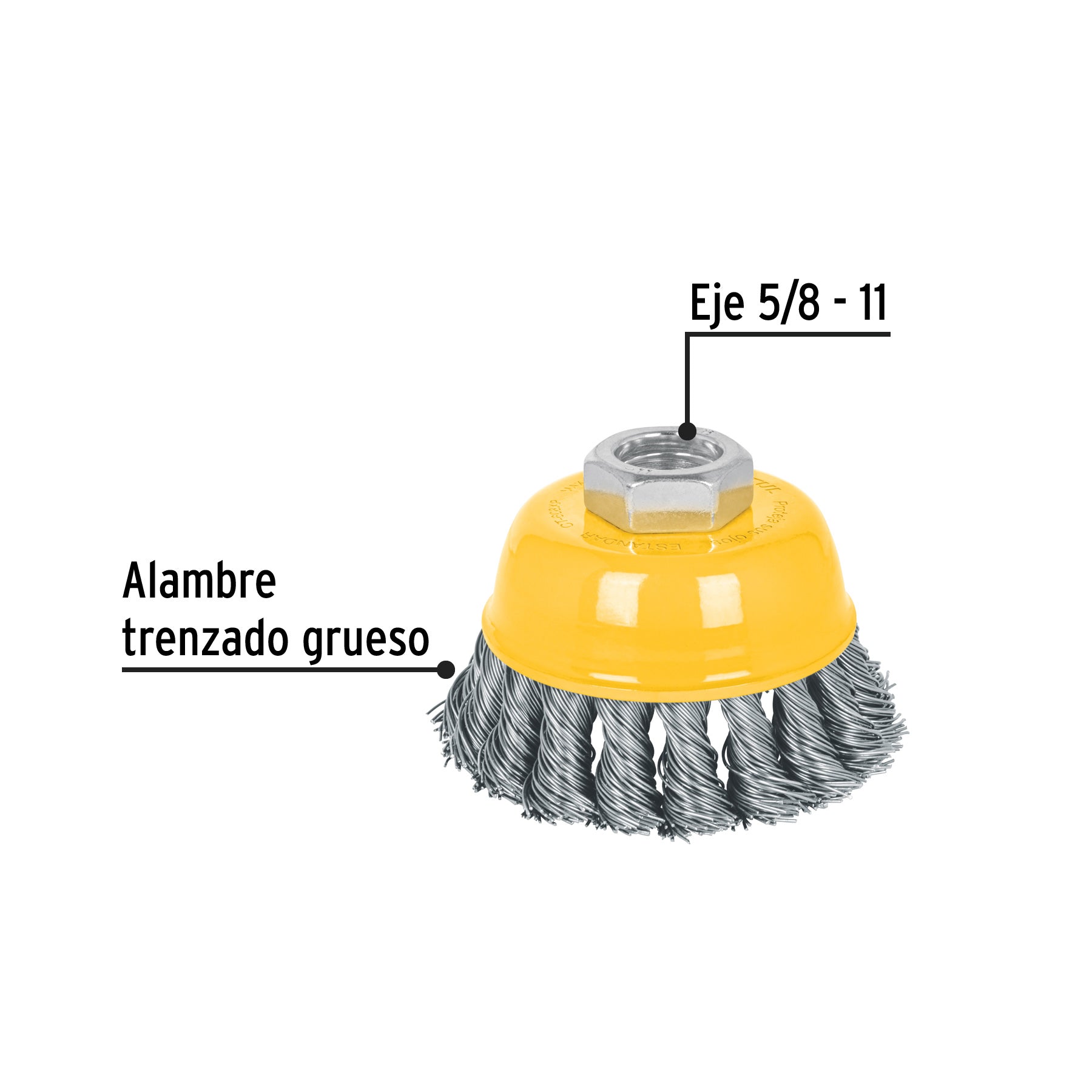 Carda copa 3" alambre trenzado grueso, eje 5/8"-11, PRETUL