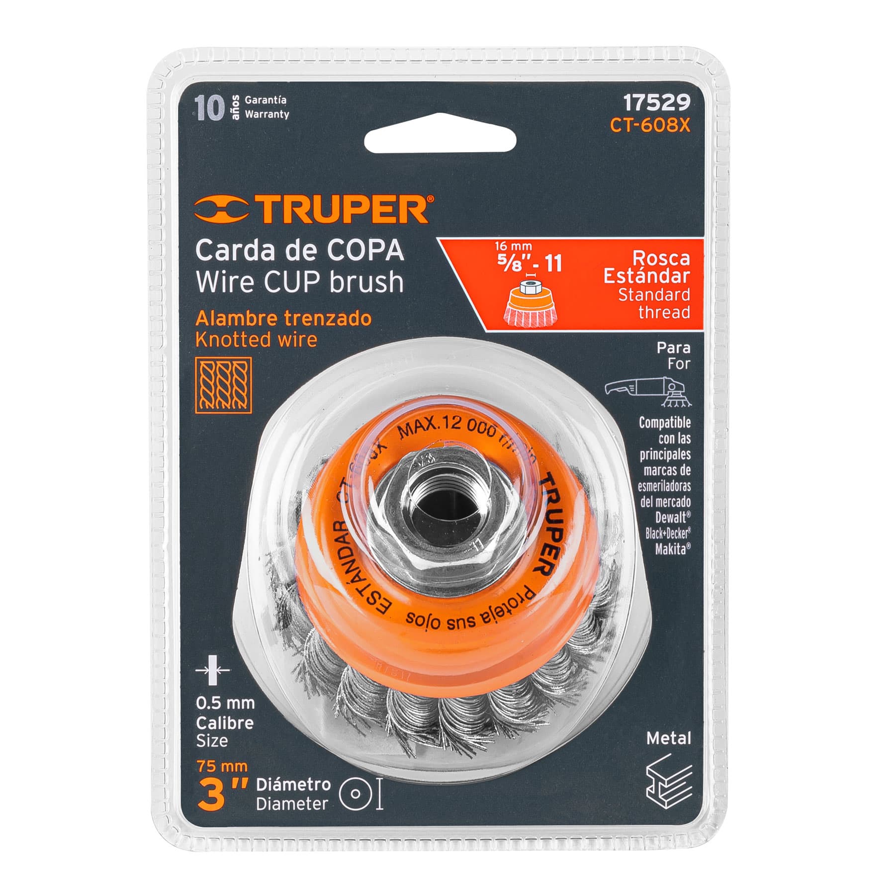 Carda copa 3" alambre trenzado grueso, eje 5/8"-11, TRUPER