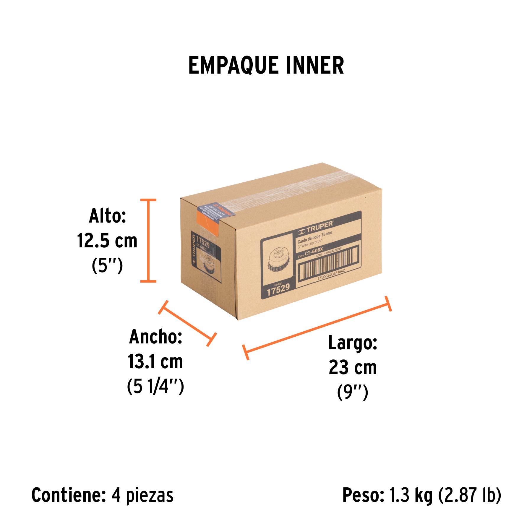 Carda copa 3" alambre trenzado grueso, eje 5/8"-11, TRUPER - Empaque