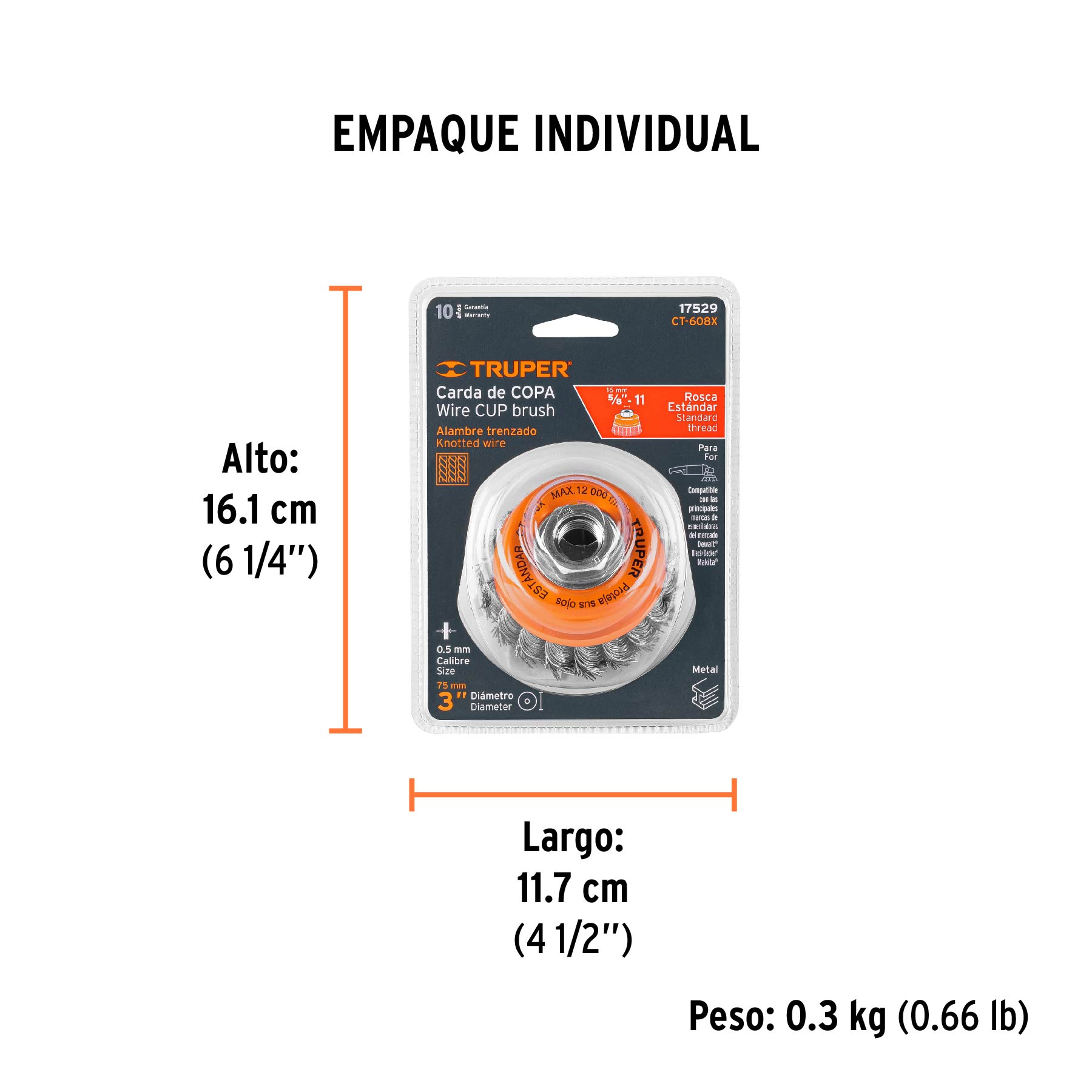 Carda copa 3" alambre trenzado grueso, eje 5/8"-11, TRUPER - Empaque