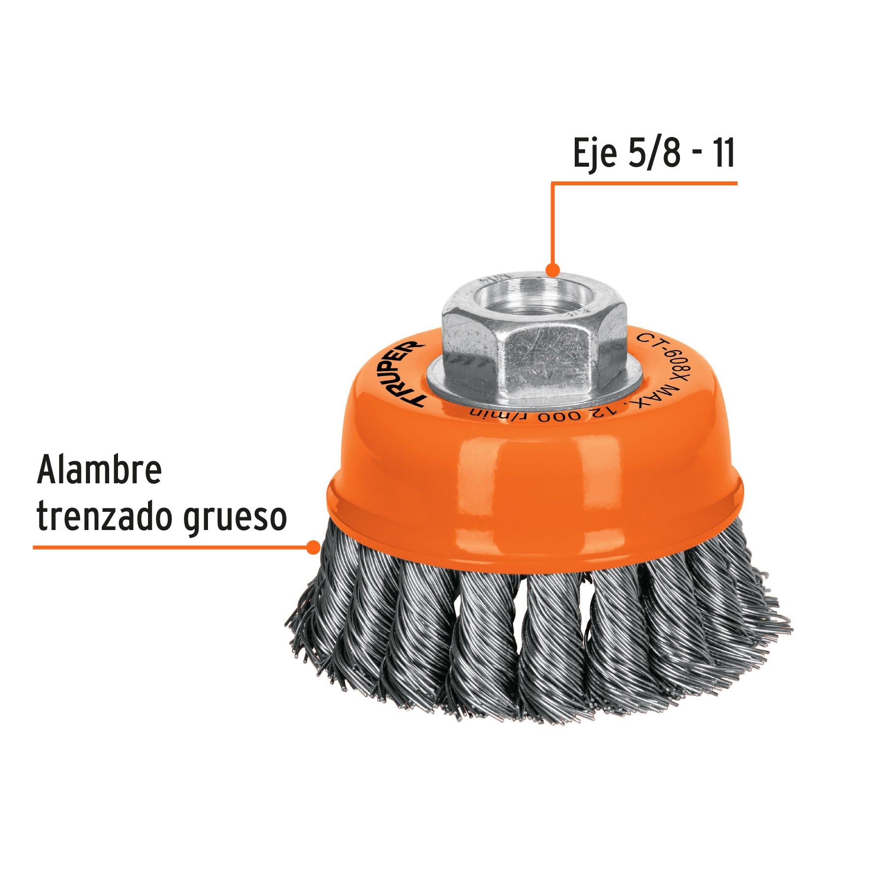 Carda copa 3" alambre trenzado grueso, eje 5/8"-11, TRUPER