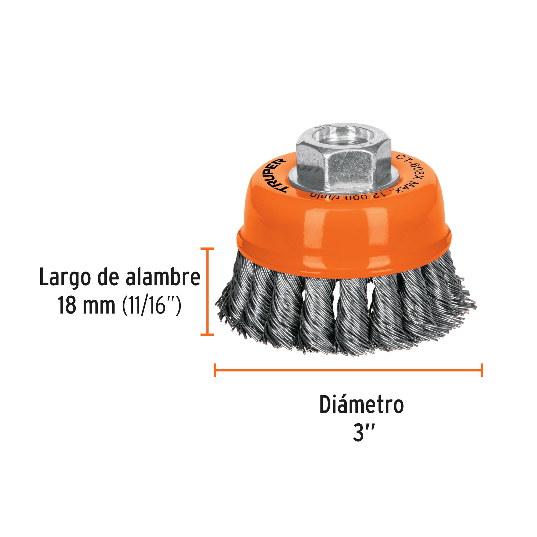 Carda copa 3" alambre trenzado grueso, eje 5/8"-11, TRUPER
