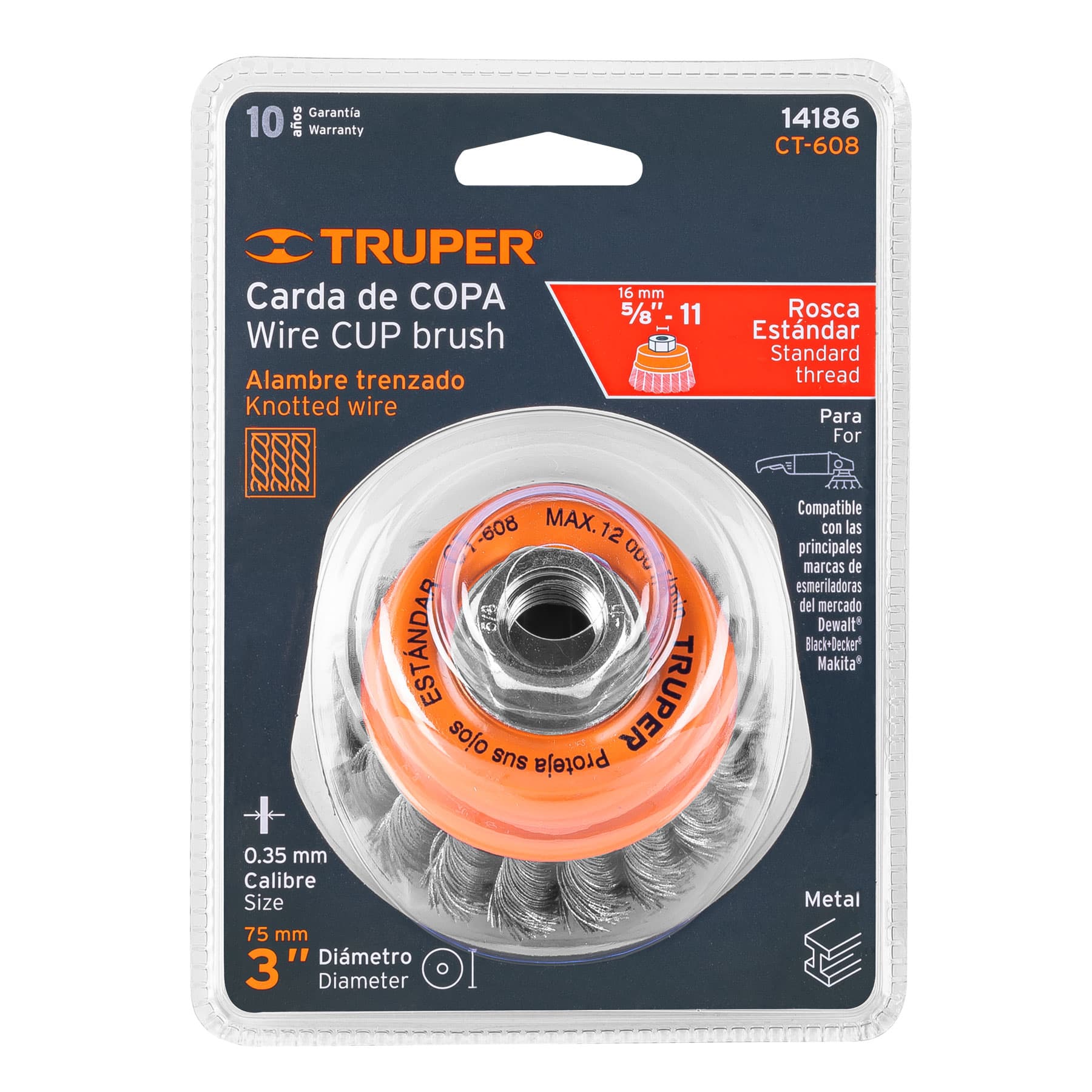 Carda copa 3" alambre trenzado fino, eje 5/8"-11, TRUPER