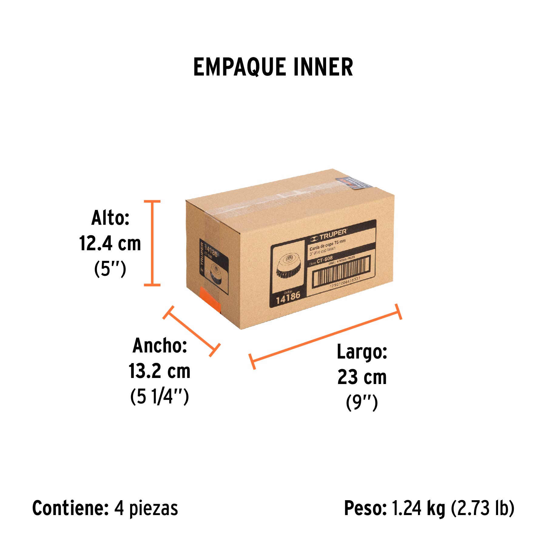 Carda copa 3" alambre trenzado fino, eje 5/8"-11, TRUPER - Empaque
