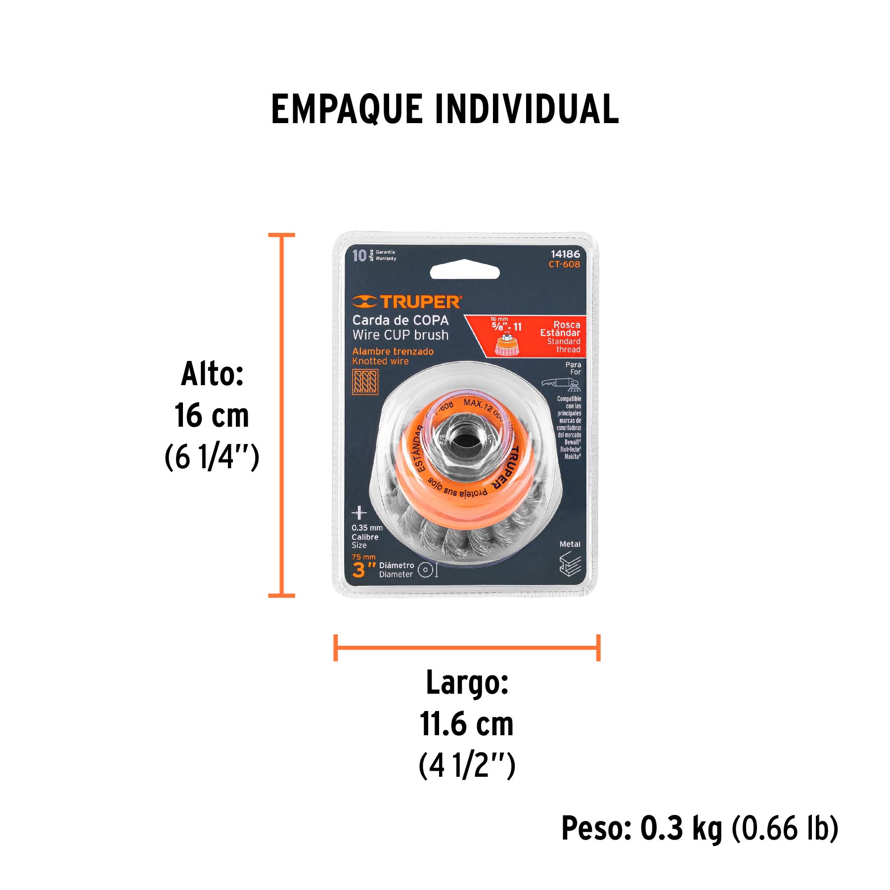 Carda copa 3" alambre trenzado fino, eje 5/8"-11, TRUPER - Empaque