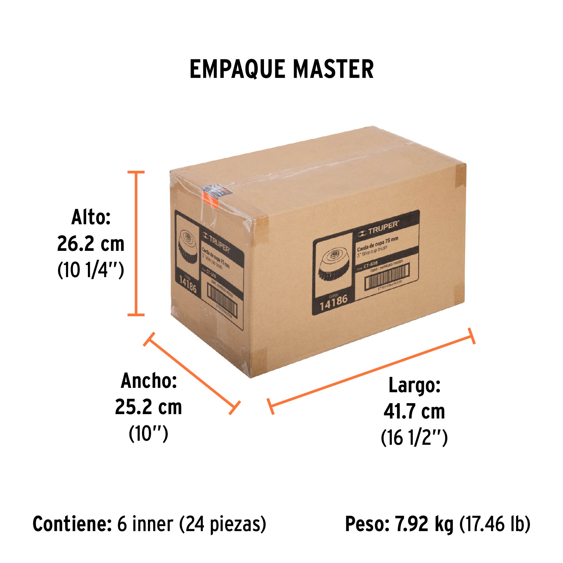 Carda copa 3" alambre trenzado fino, eje 5/8"-11, TRUPER - Empaque