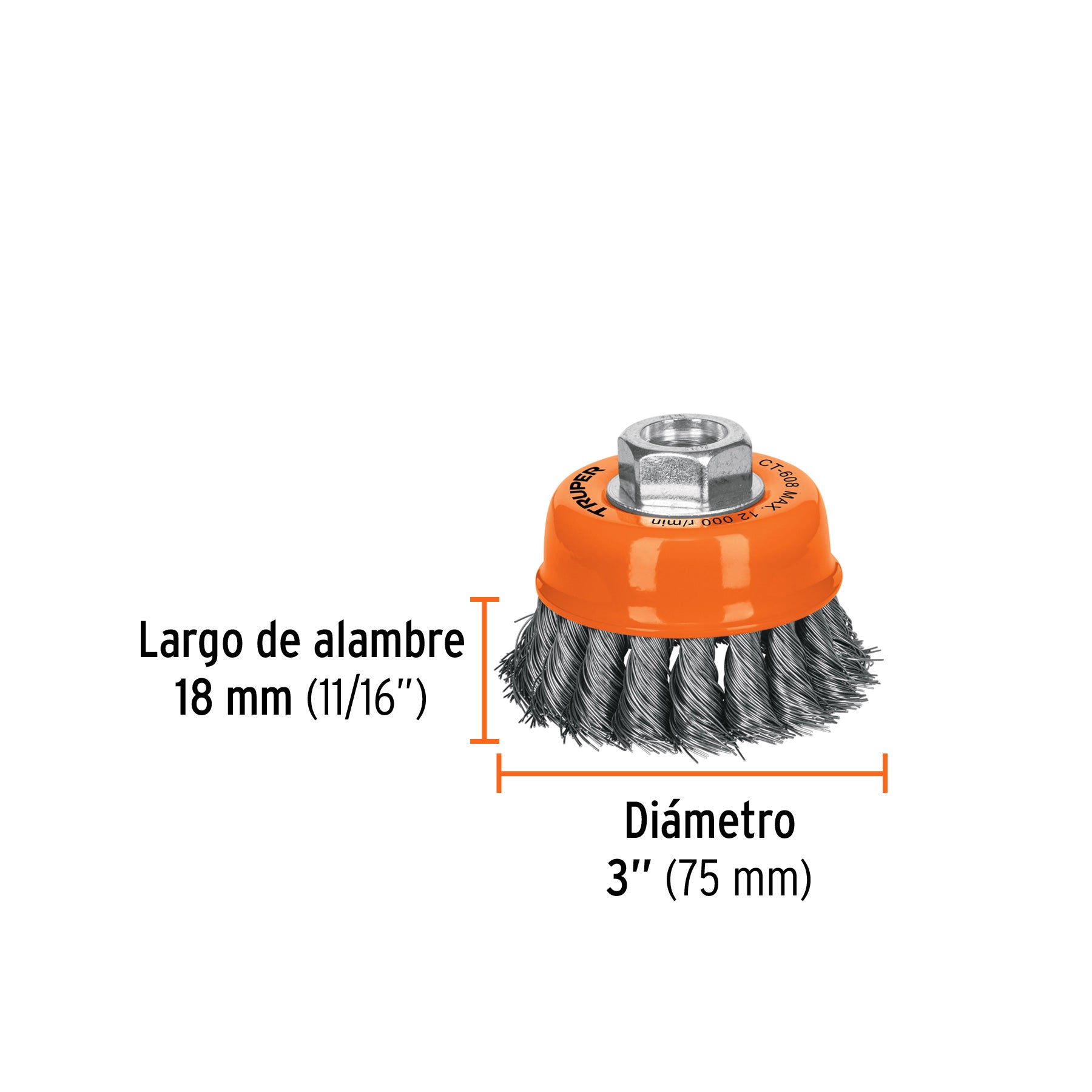 Carda copa 3" alambre trenzado fino, eje 5/8"-11, TRUPER