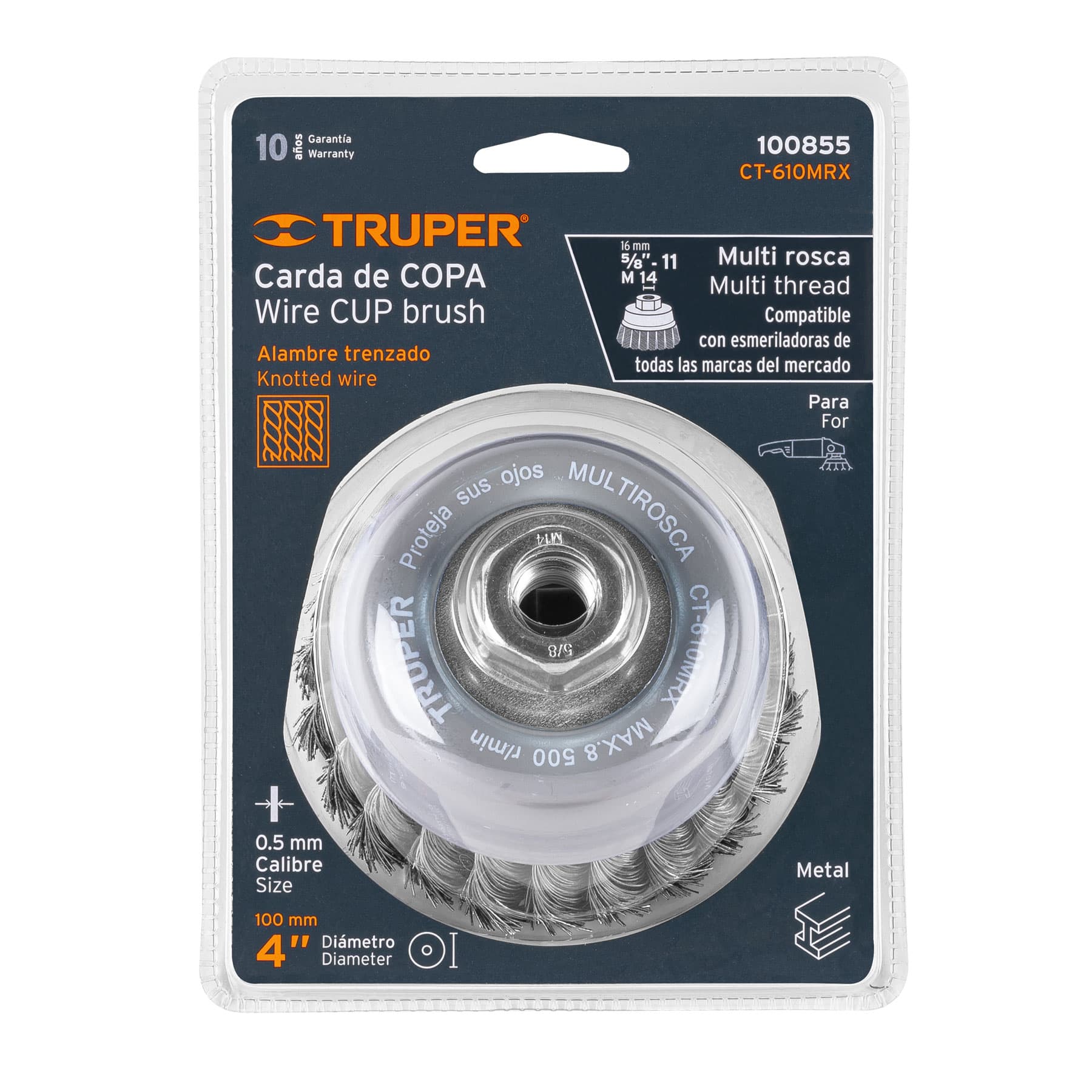 Carda copa 4" alambre trenzado grueso, Multi-rosca, TRUPER