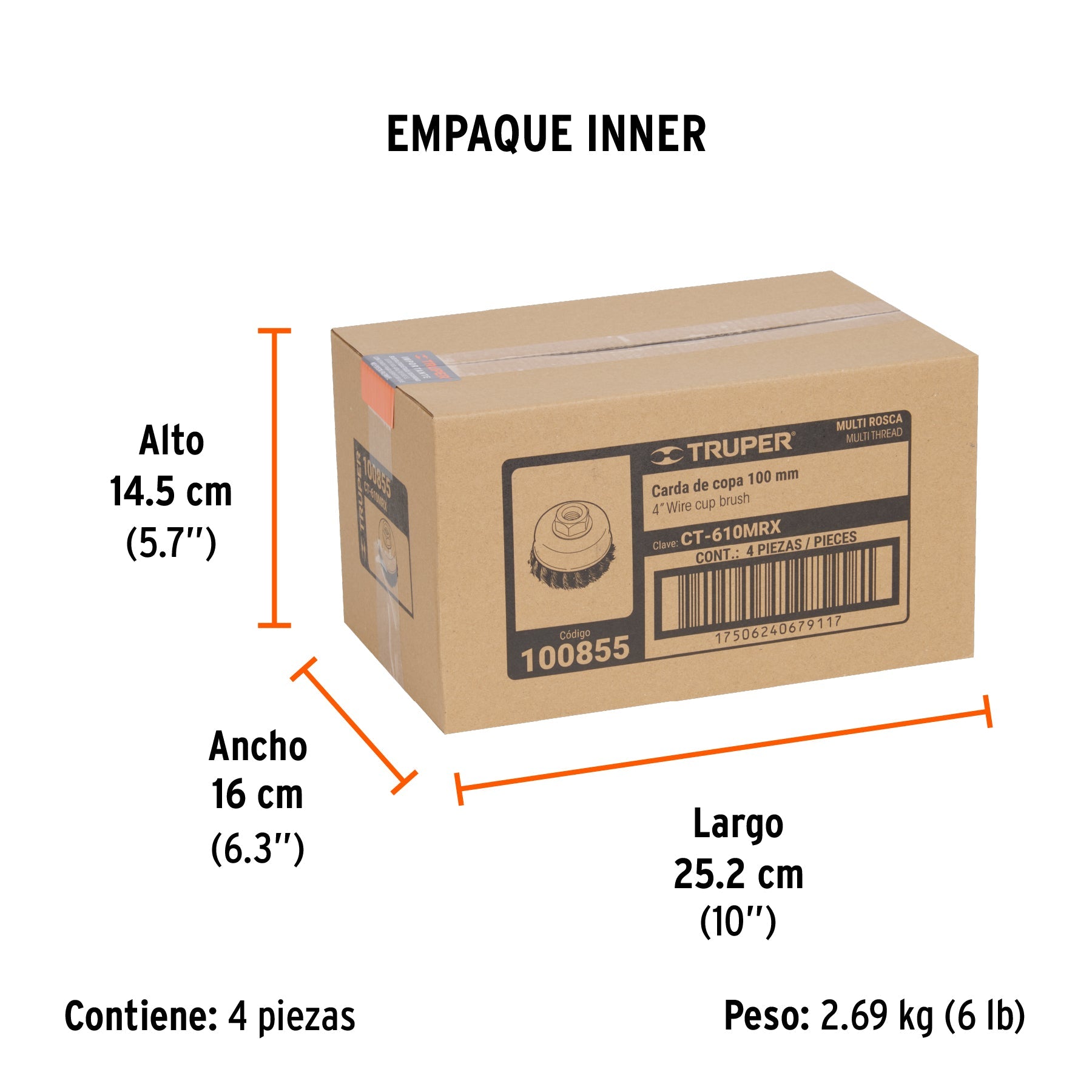 Carda copa 4" alambre trenzado grueso, Multi-rosca, TRUPER - Empaque