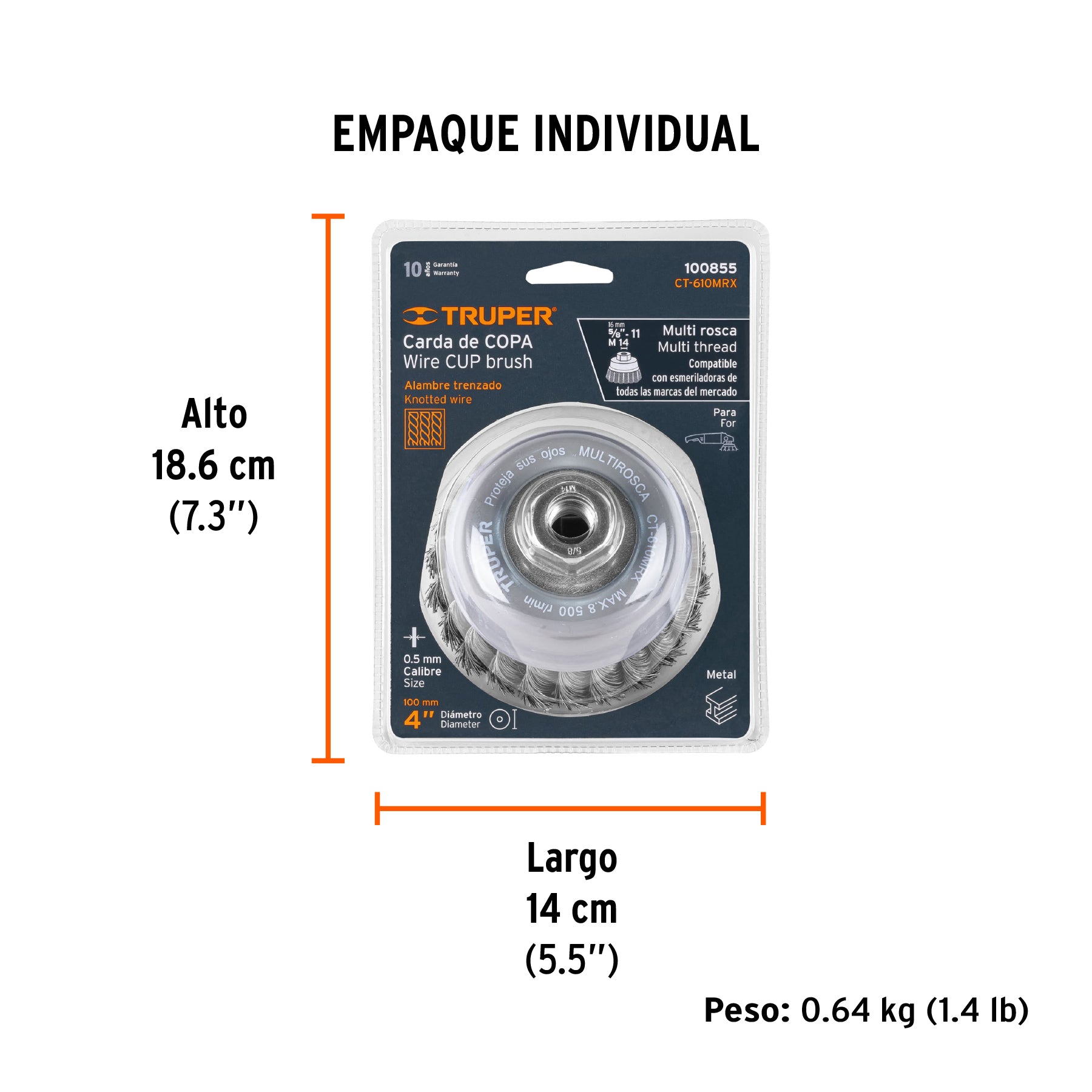 Carda copa 4" alambre trenzado grueso, Multi-rosca, TRUPER - Empaque
