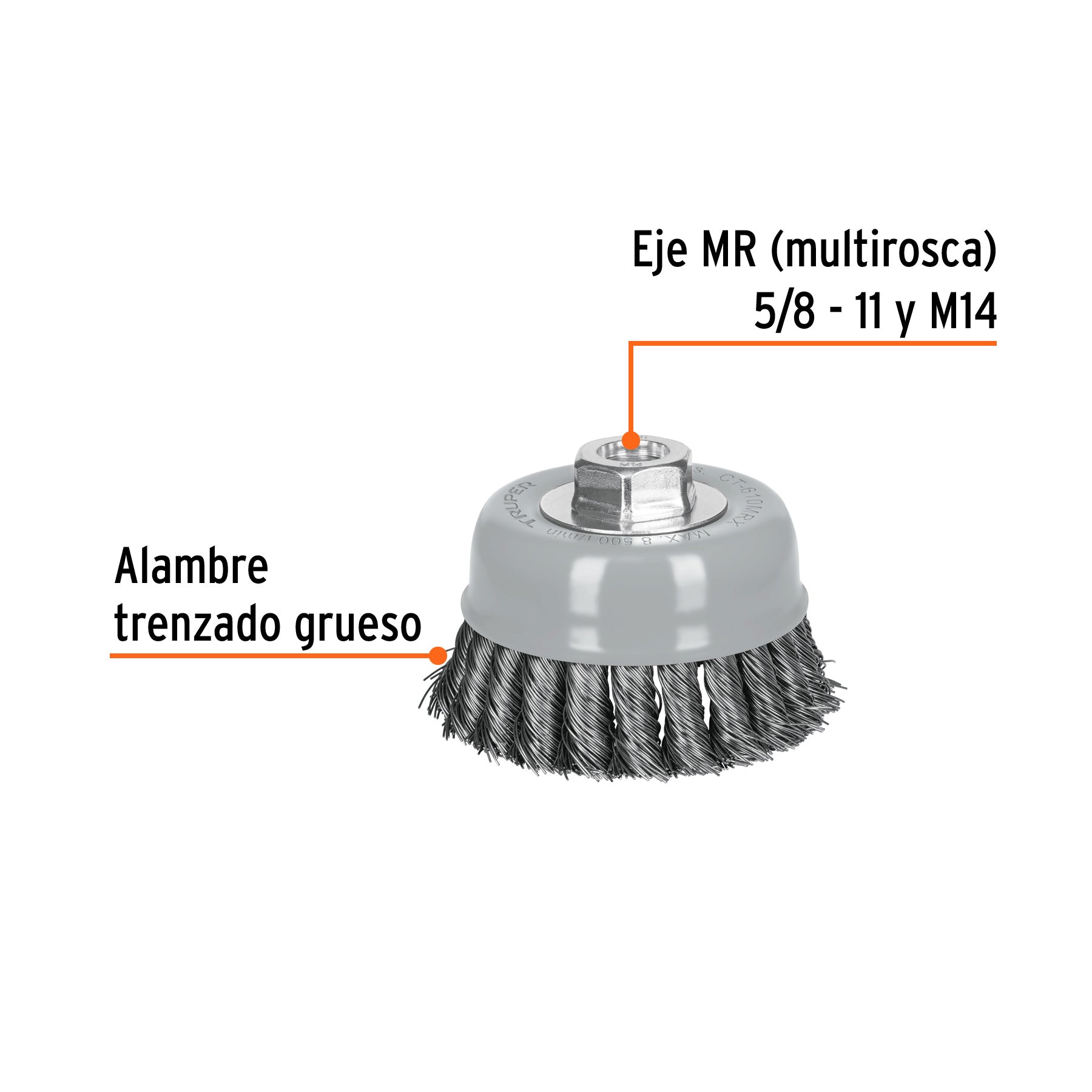 Carda copa 4" alambre trenzado grueso, Multi-rosca, TRUPER