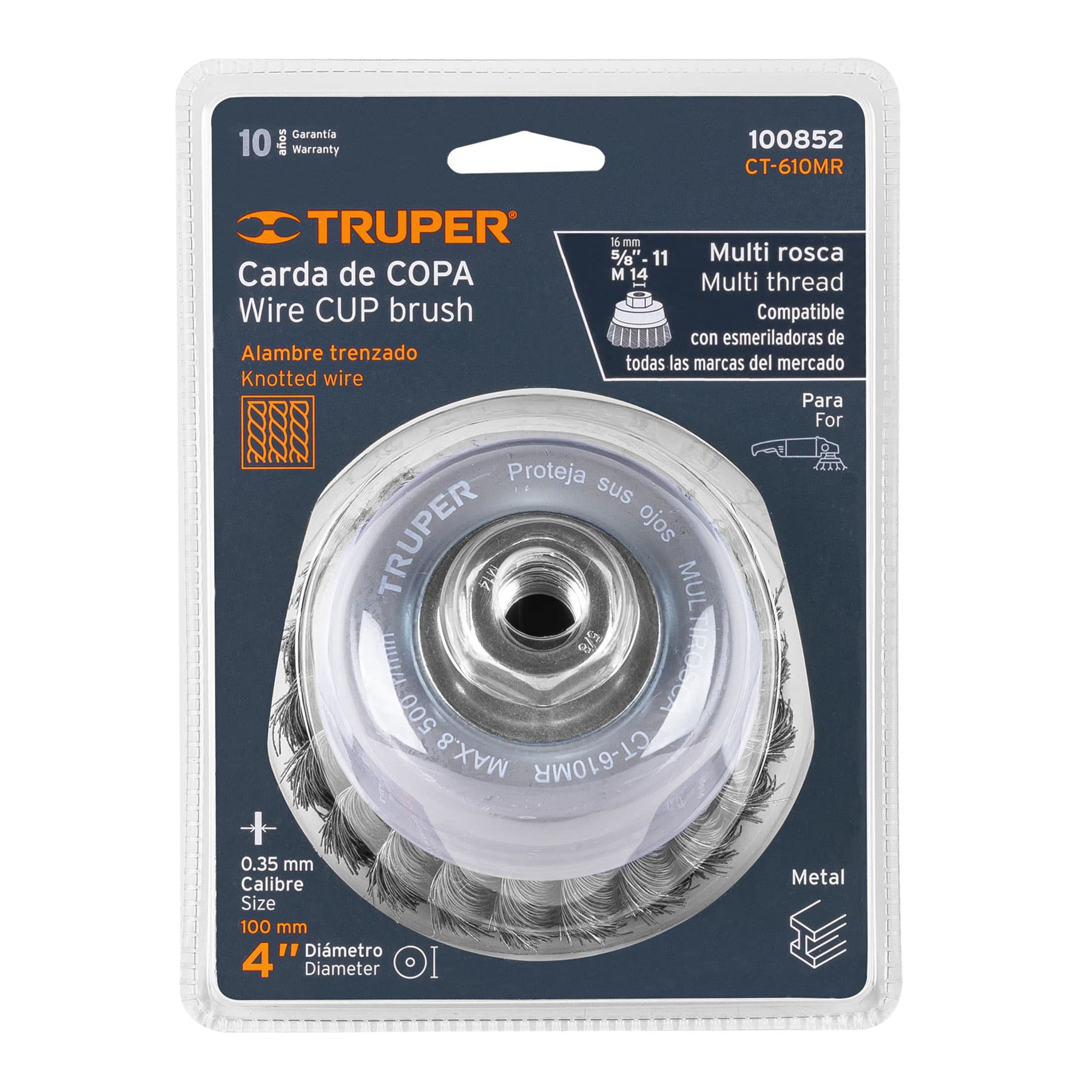 Carda copa 4" alambre trenzado fino, Multi-rosca, TRUPER