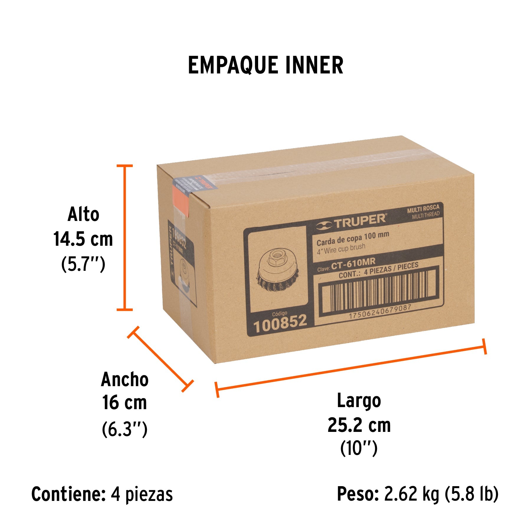 Carda copa 4" alambre trenzado fino, Multi-rosca, TRUPER - Empaque