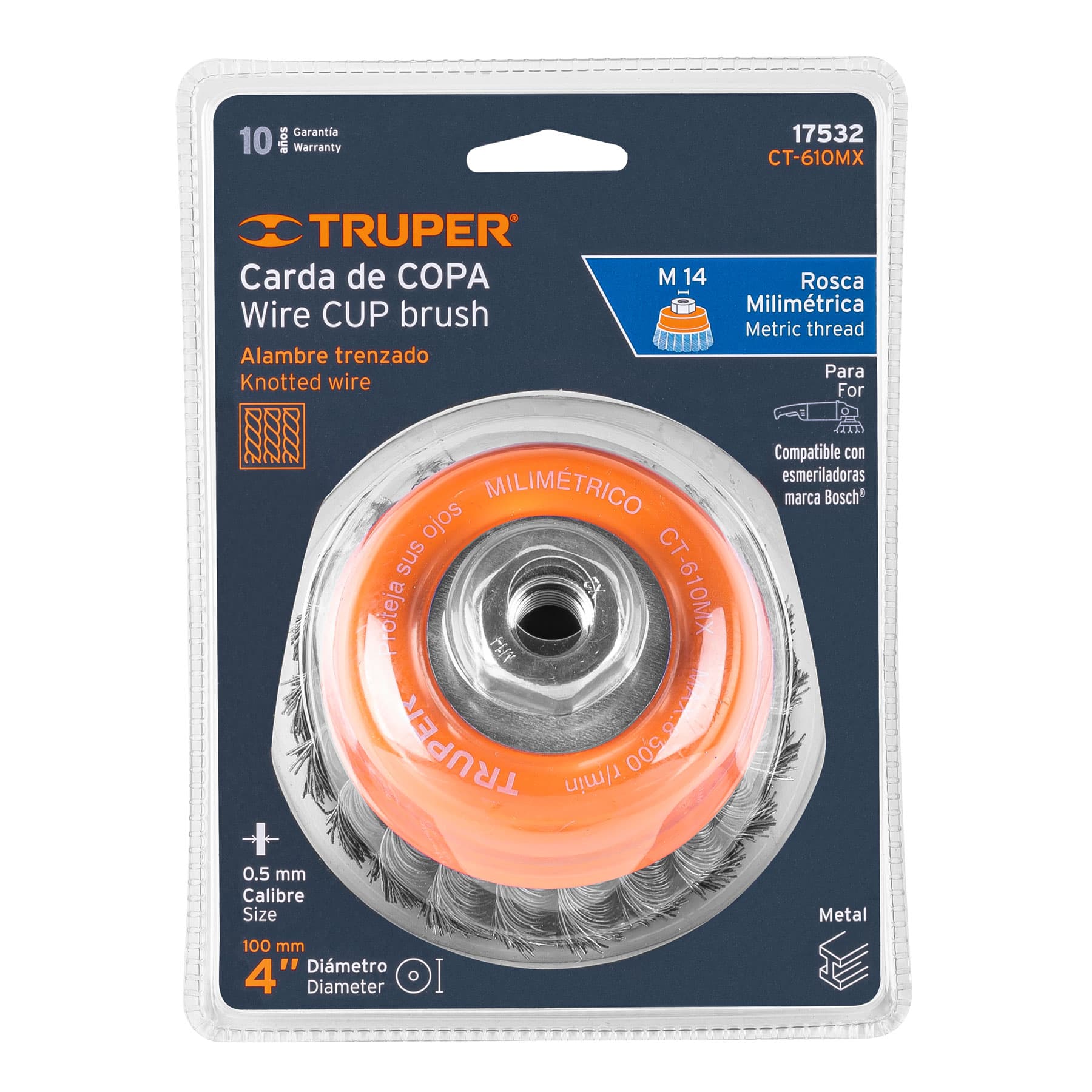 Carda copa 4" alambre trenzado grueso, eje M14, TRUPER