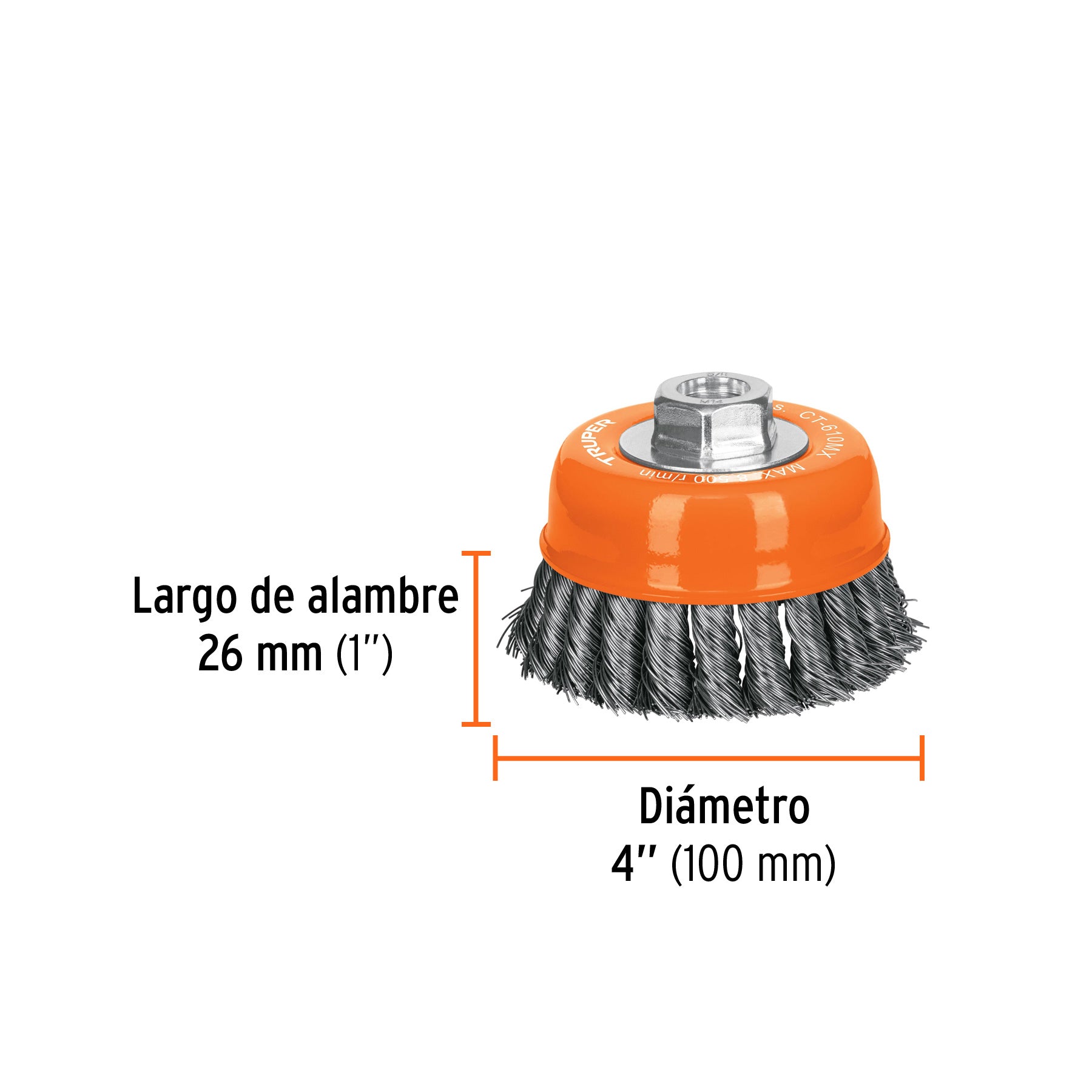 Carda copa 4" alambre trenzado grueso, eje M14, TRUPER