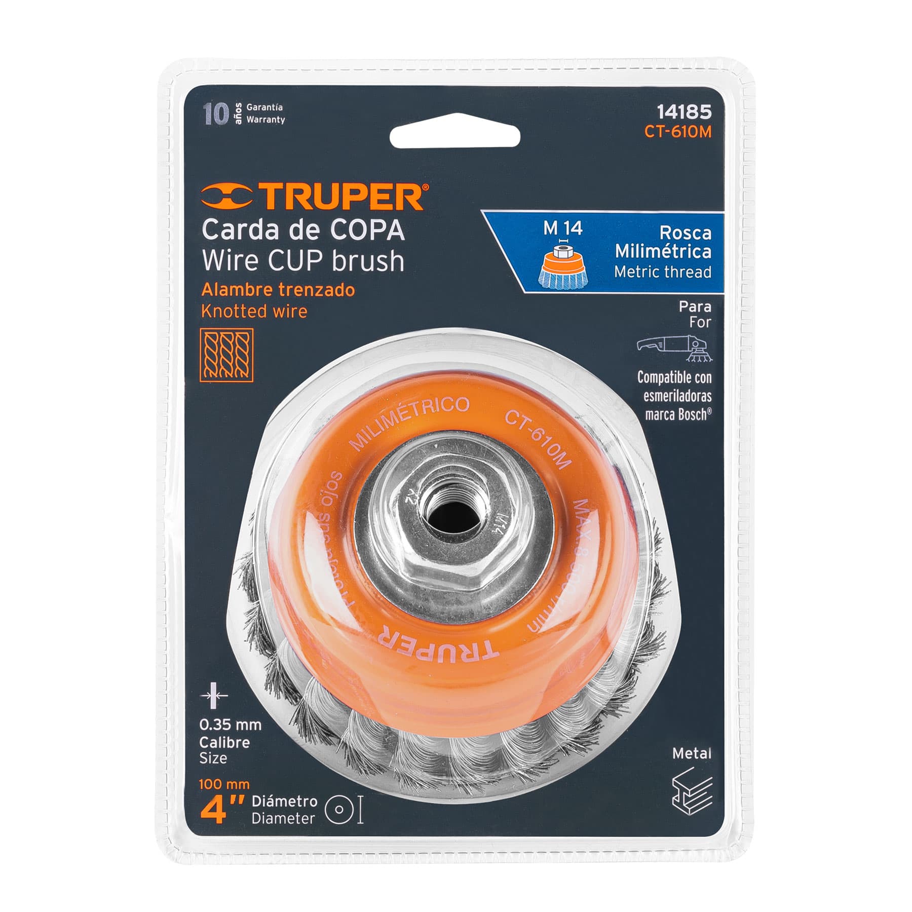 Carda copa 4" alambre trenzado fino, eje M14, TRUPER