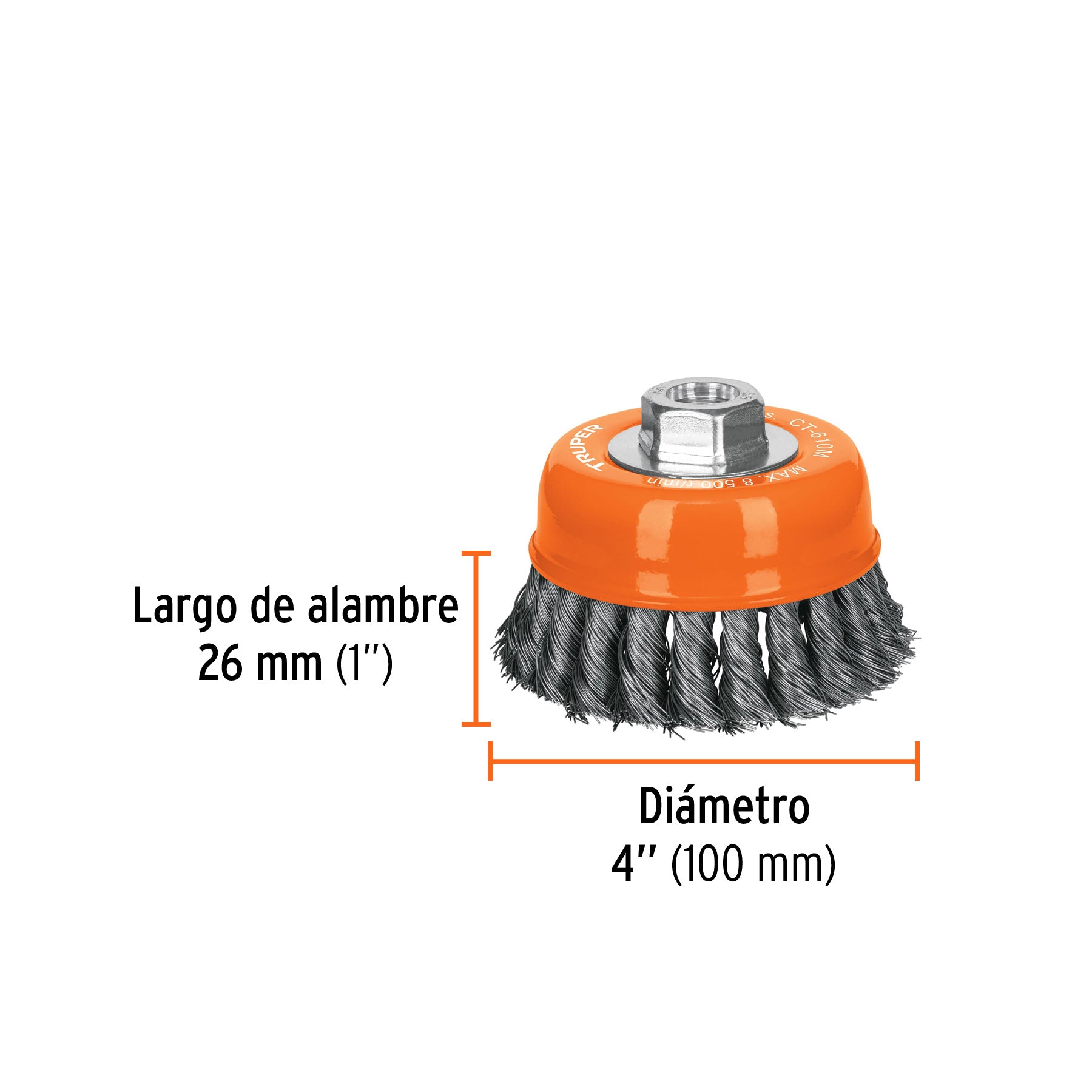 Carda copa 4" alambre trenzado fino, eje M14, TRUPER