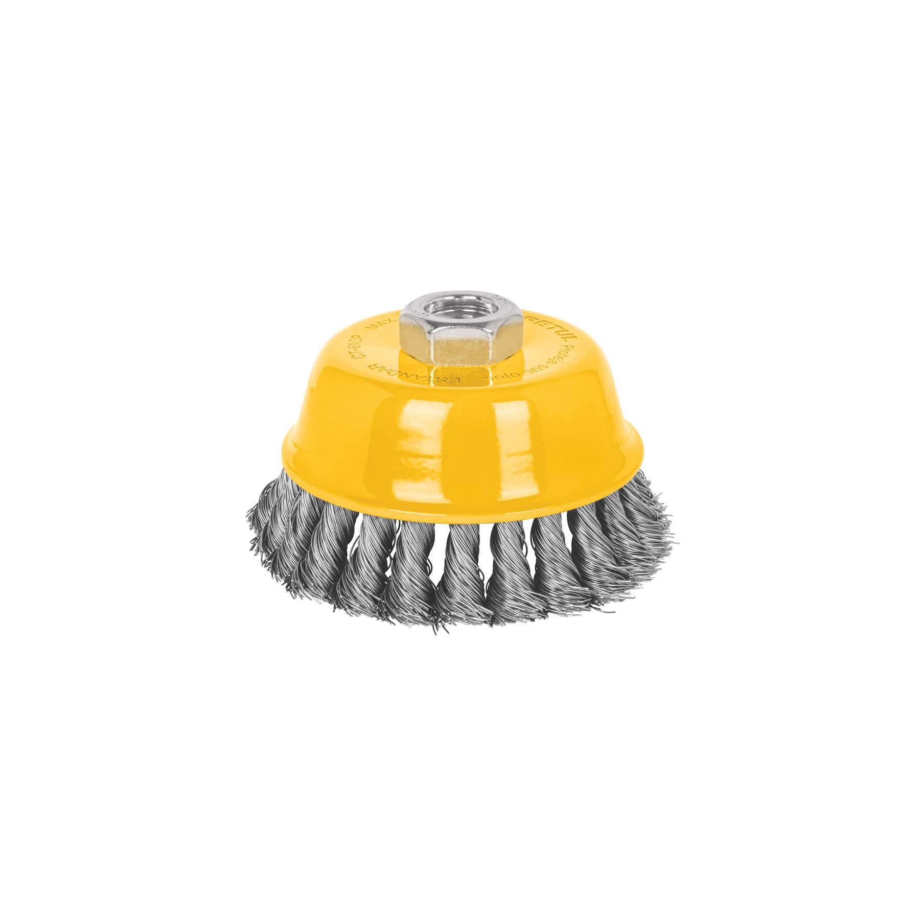 Carda copa 4" alambre trenzado fino, eje 5/8"-11, PRETUL