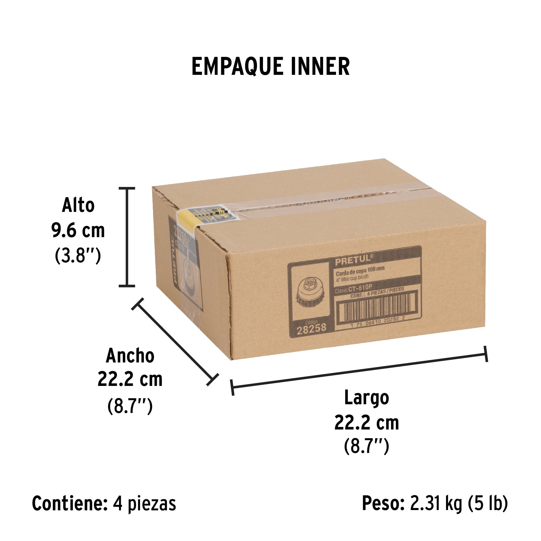 Carda copa 4" alambre trenzado fino, eje 5/8"-11, PRETUL - Empaque