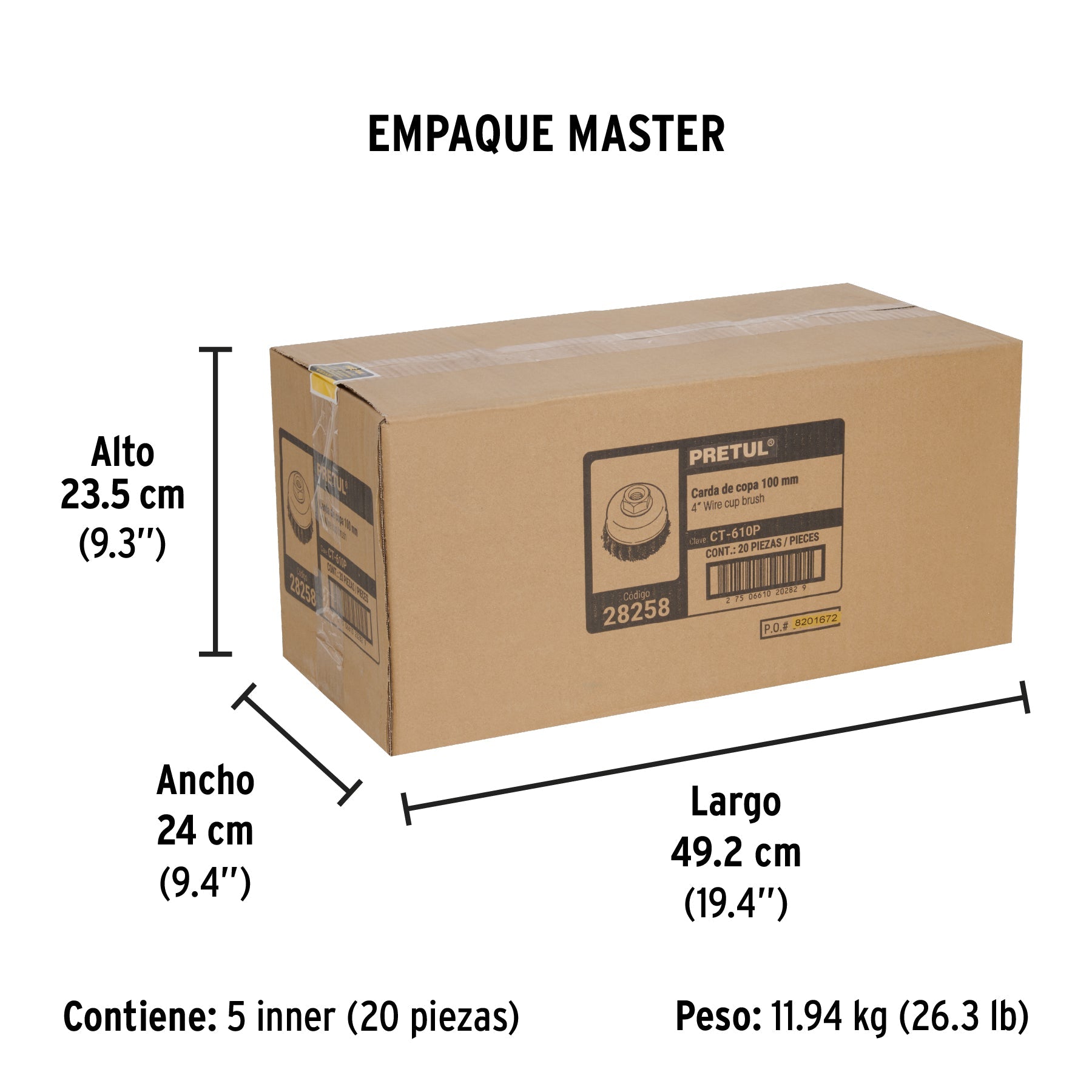 Carda copa 4" alambre trenzado fino, eje 5/8"-11, PRETUL - Empaque