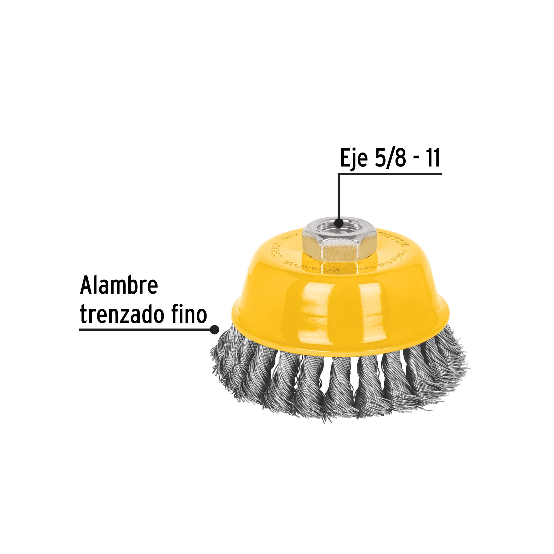 Carda copa 4" alambre trenzado fino, eje 5/8"-11, PRETUL