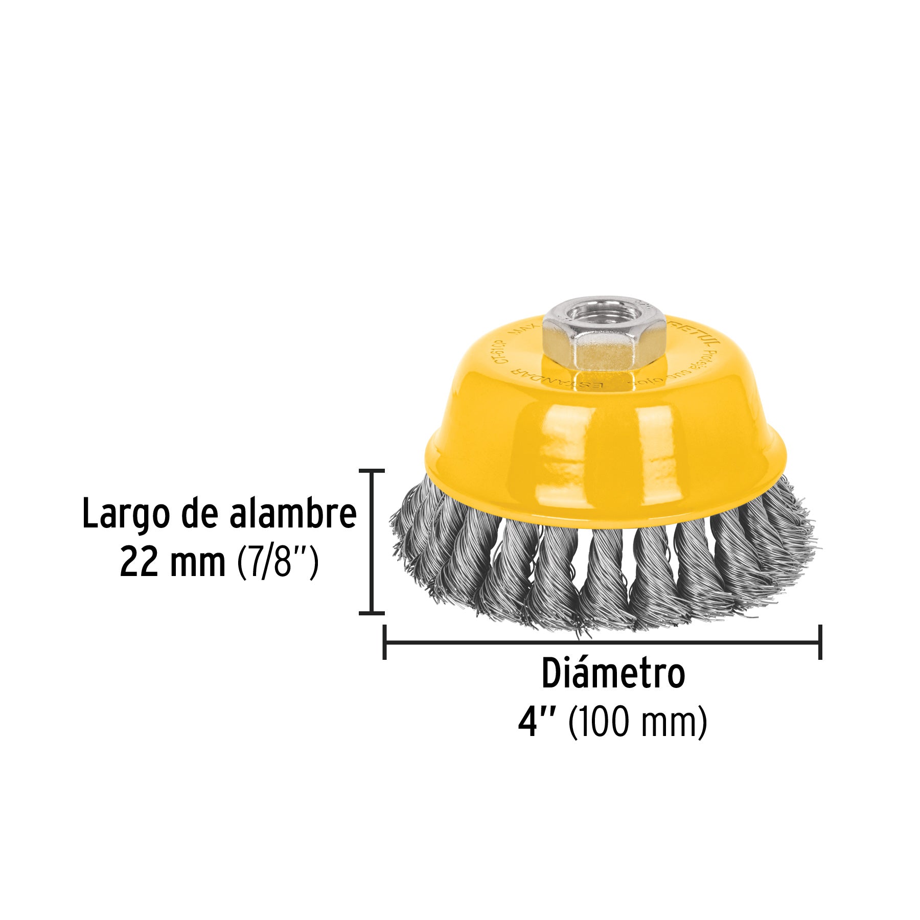 Carda copa 4" alambre trenzado fino, eje 5/8"-11, PRETUL