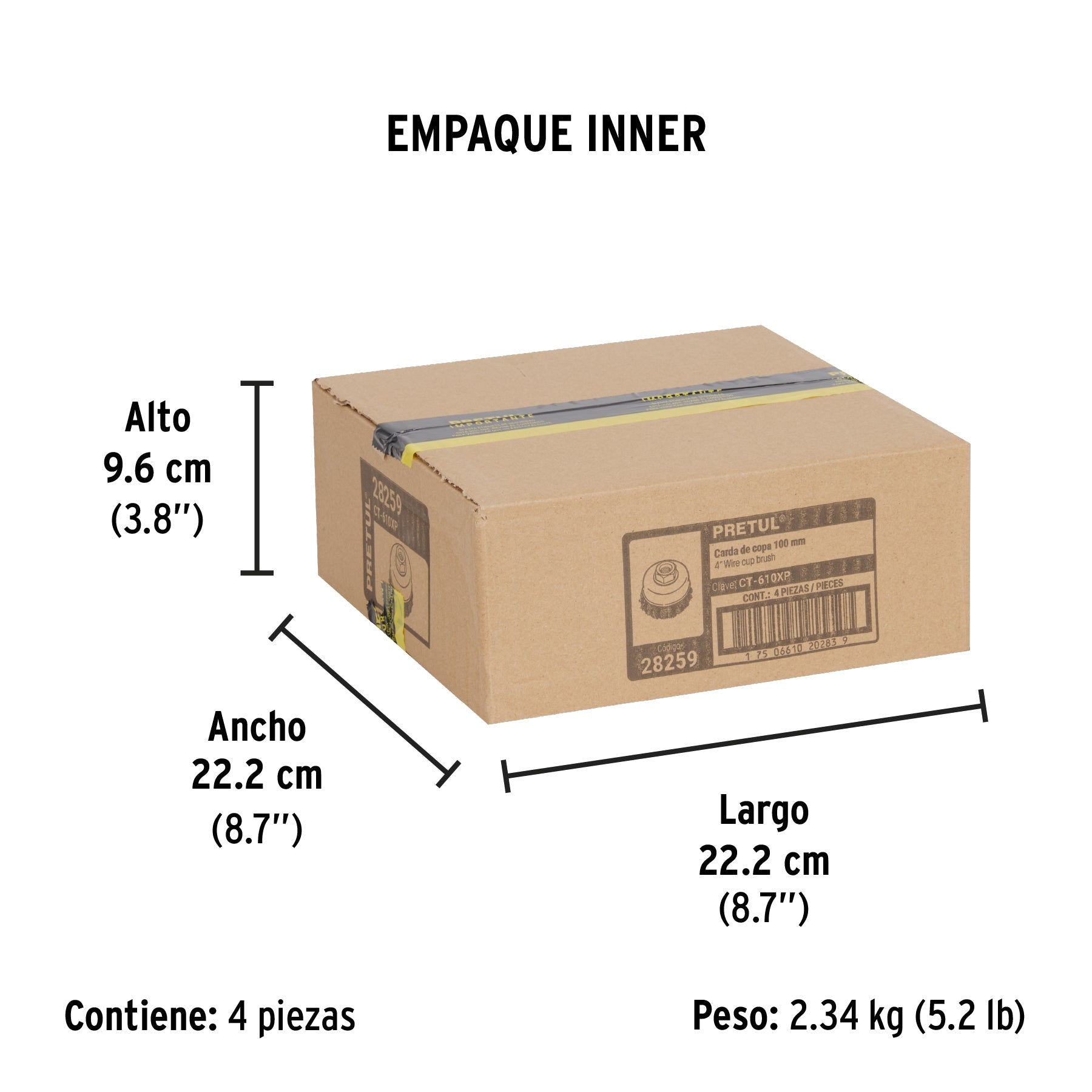 Carda copa 4" alambre trenzado grueso, eje 5/8"-11, PRETUL - Empaque
