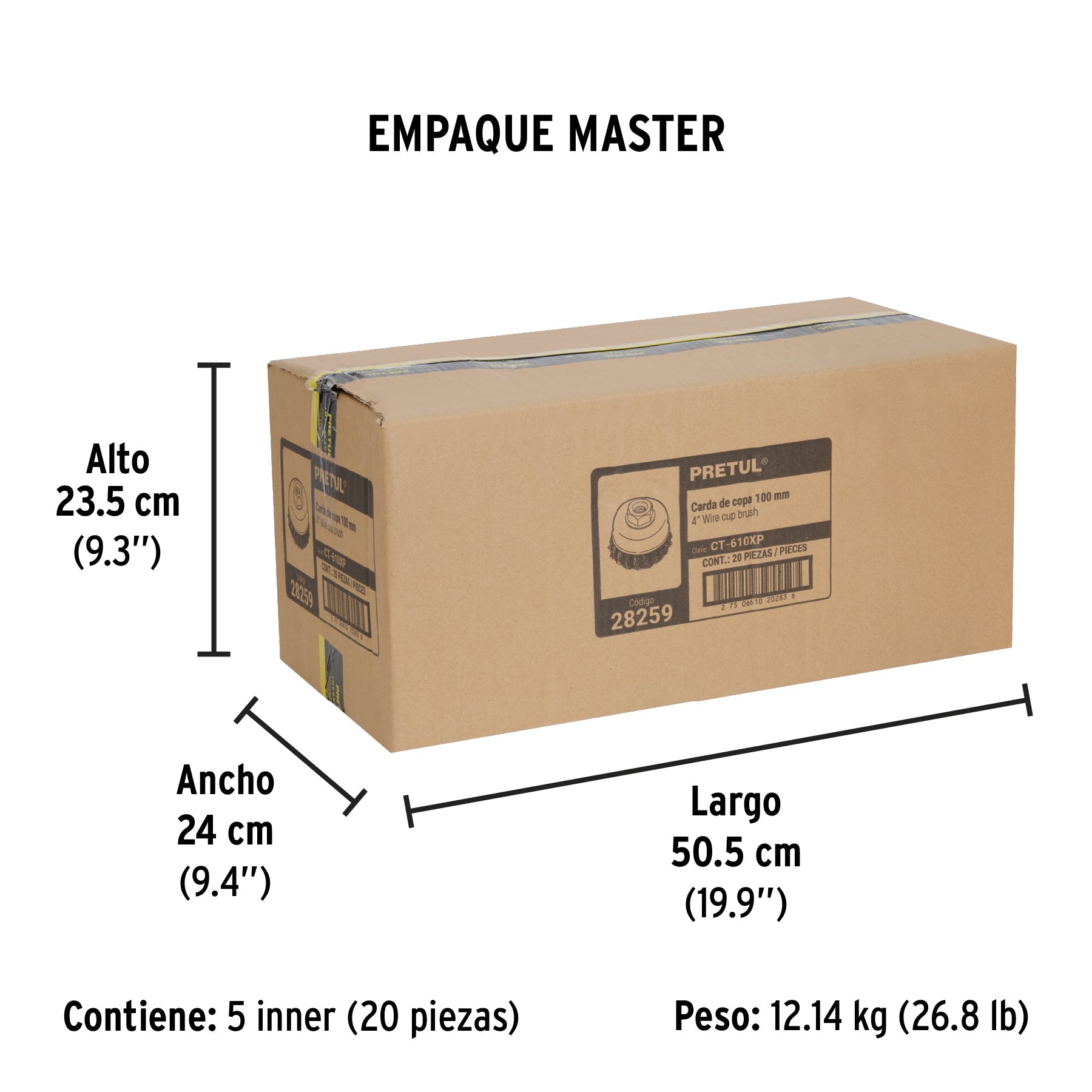 Carda copa 4" alambre trenzado grueso, eje 5/8"-11, PRETUL - Empaque