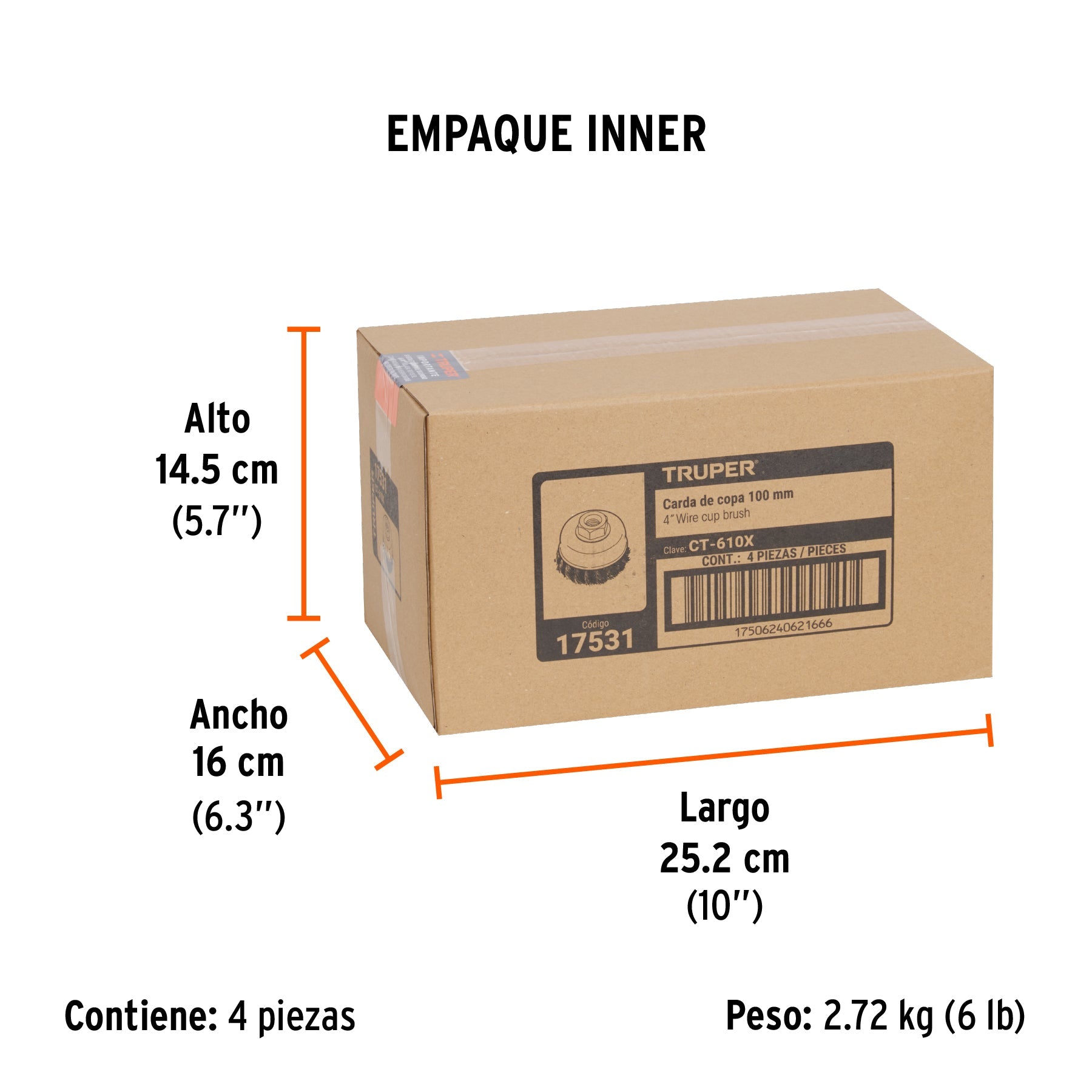 Carda copa 4" alambre trenzado grueso, eje 5/8"-11, TRUPER - Empaque