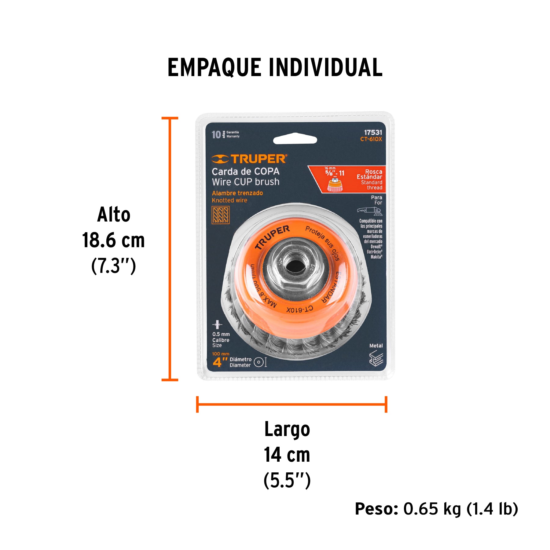 Carda copa 4" alambre trenzado grueso, eje 5/8"-11, TRUPER - Empaque