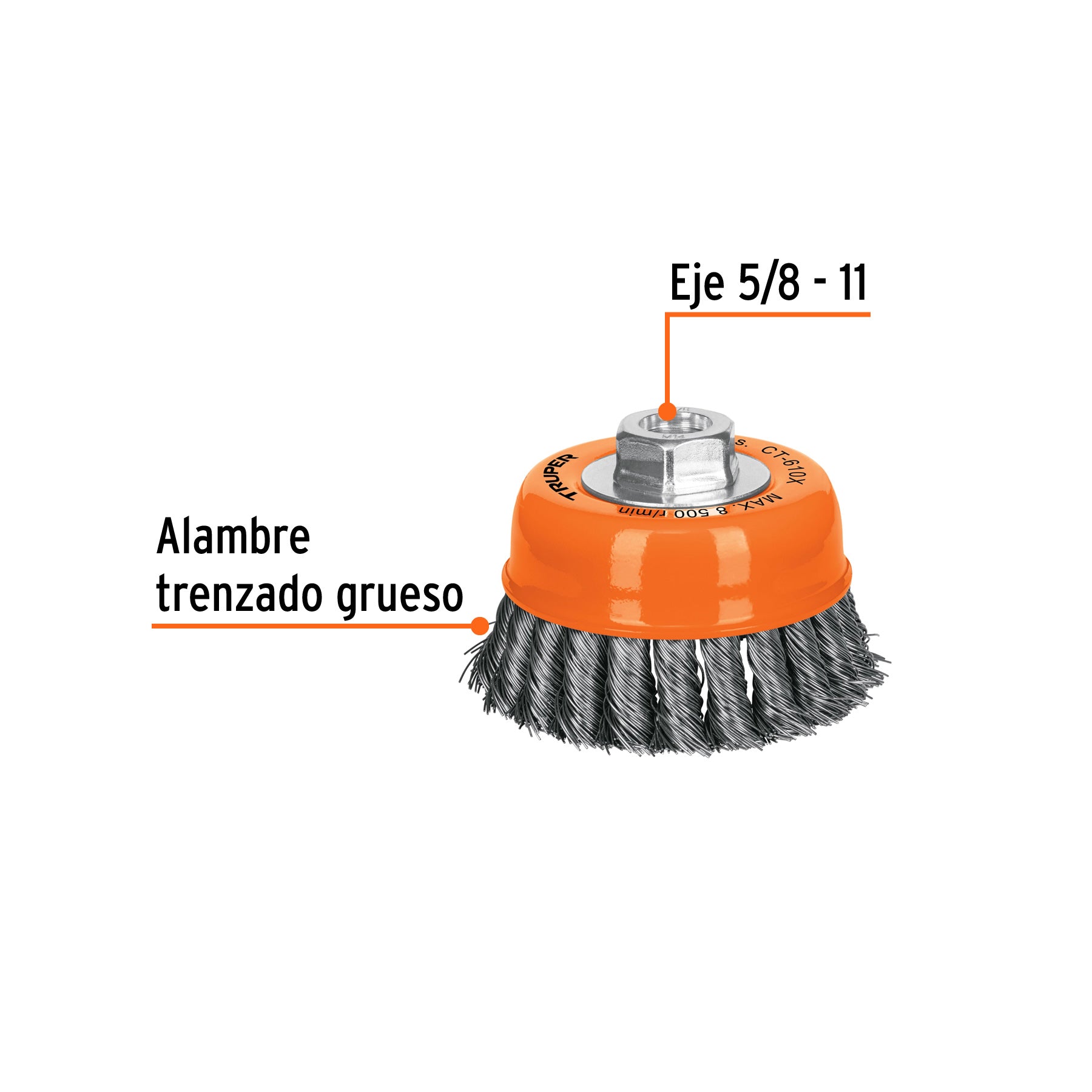 Carda copa 4" alambre trenzado grueso, eje 5/8"-11, TRUPER