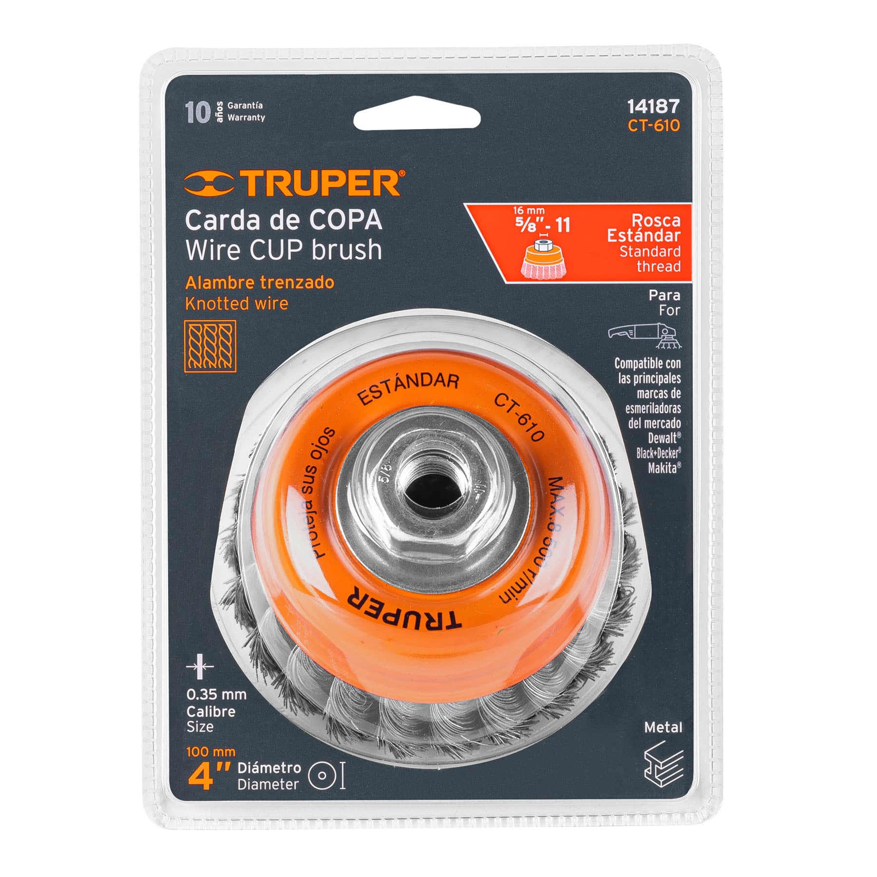 Carda copa 4" alambre trenzado fino, eje 5/8"-11, TRUPER