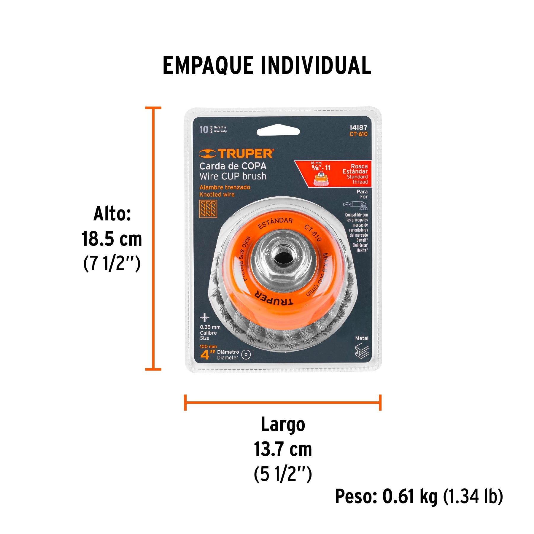 Carda copa 4" alambre trenzado fino, eje 5/8"-11, TRUPER - Empaque