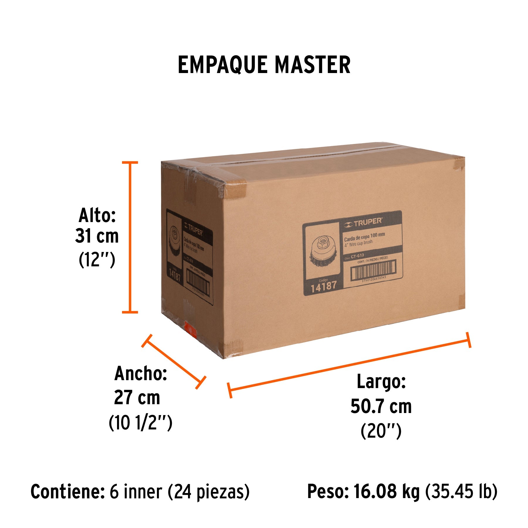 Carda copa 4" alambre trenzado fino, eje 5/8"-11, TRUPER - Empaque