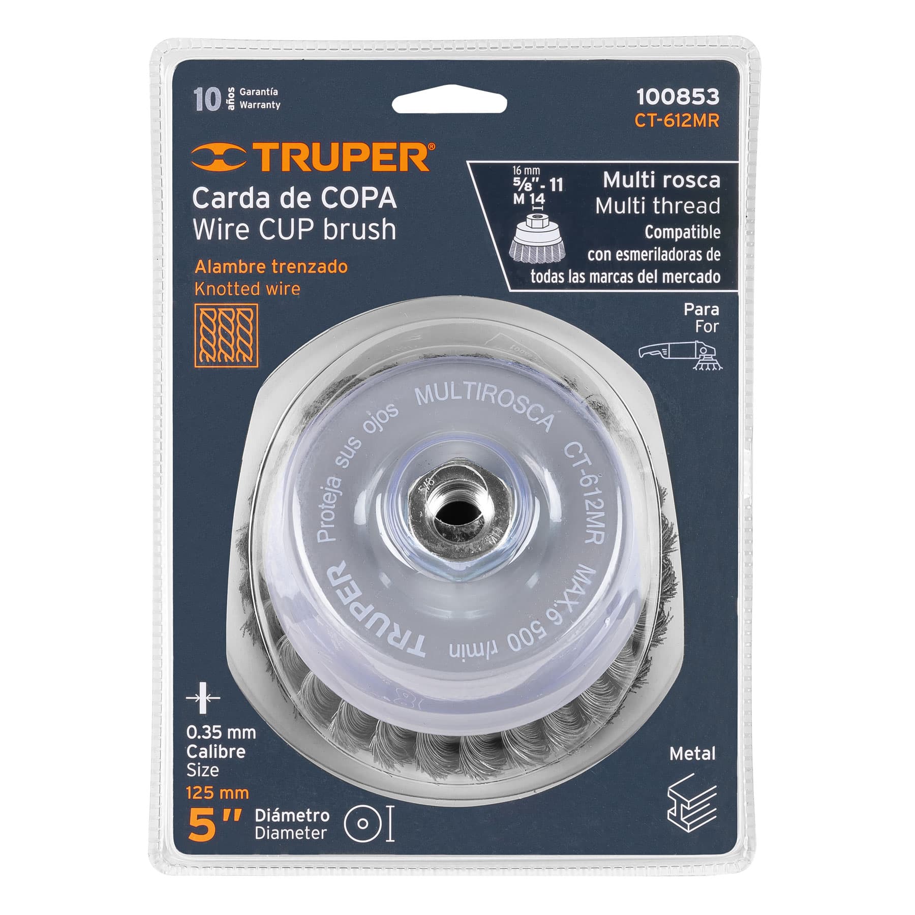 Carda copa 5" alambre trenzado fino, Multi-rosca, TRUPER